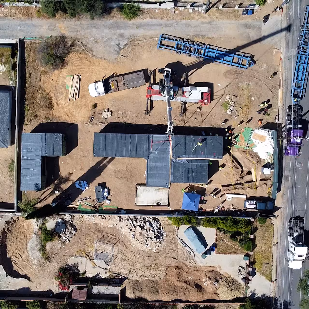 Aerial view of modular home construction site