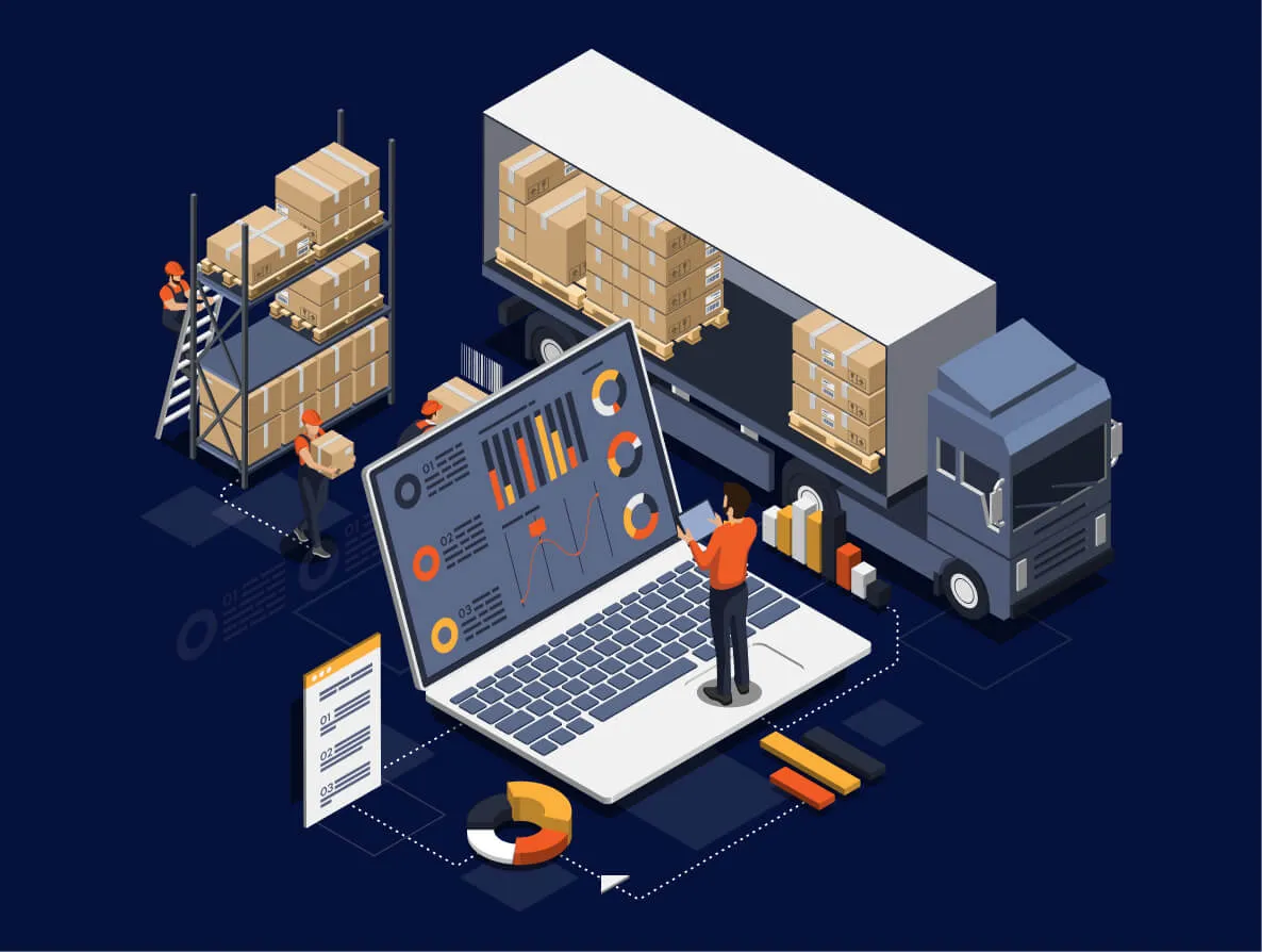 Isometric illustration of logistics and supply chain management showing workers handling packages, a delivery truck loaded with boxes, and a laptop displaying charts and analytics.