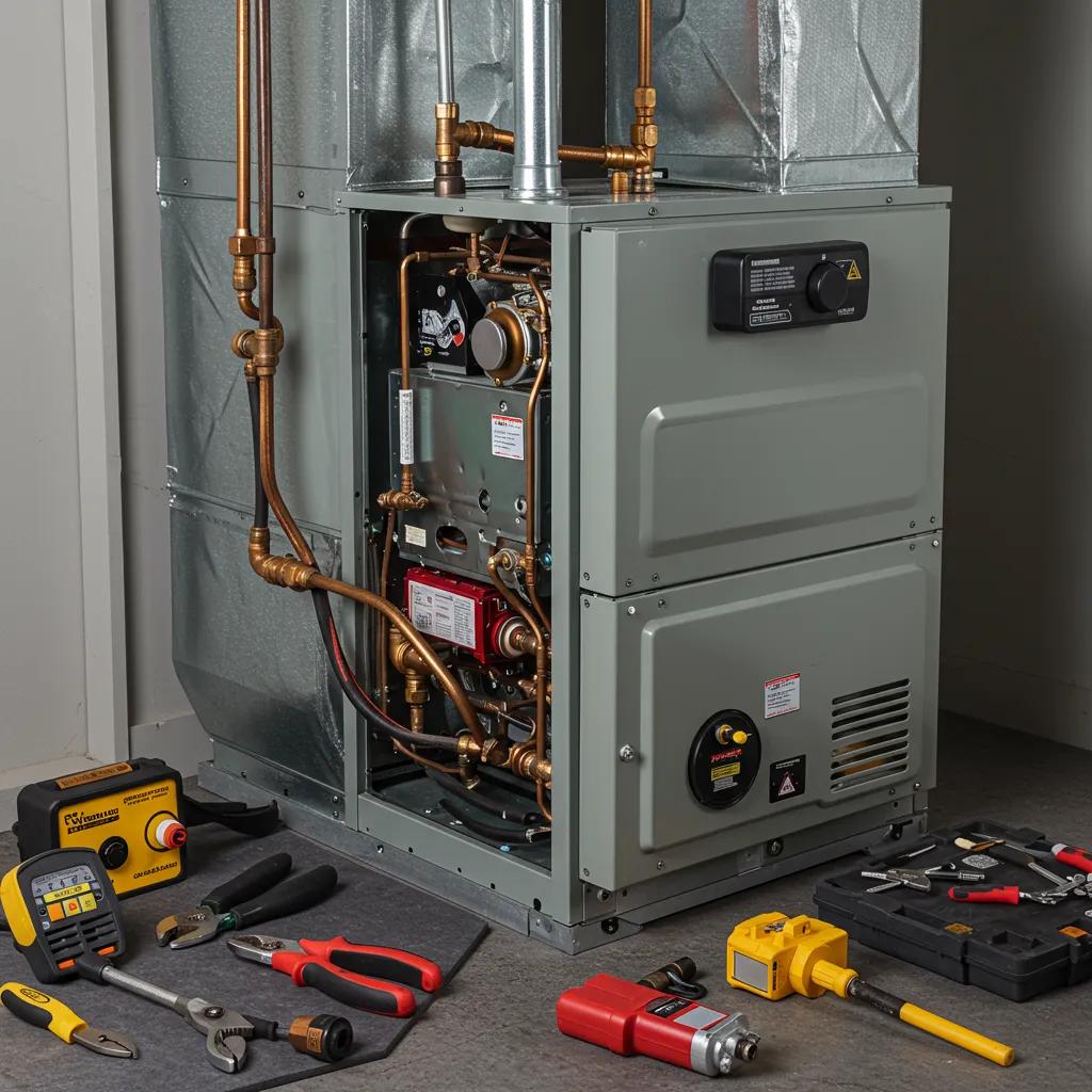 Technician servicing a furnace, emphasizing the safety and efficiency benefits of maintenance agreements for homeowners