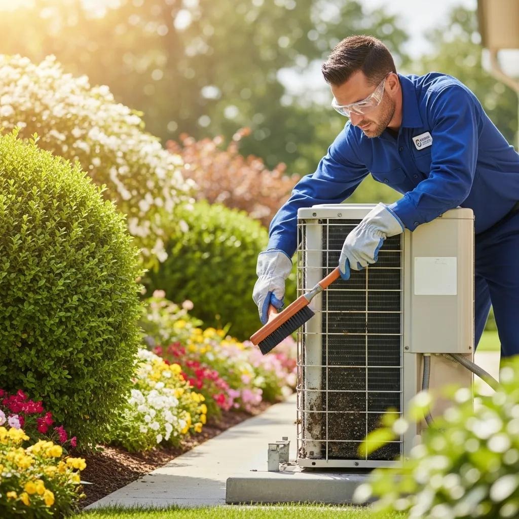Technician cleaning an air conditioning unit outdoors during spring maintenance