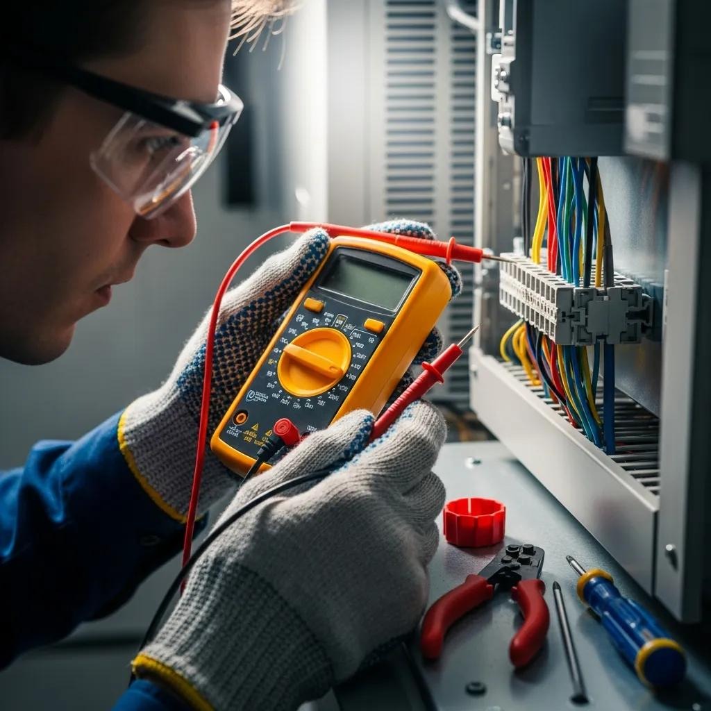 Technician inspecting electrical connections of an air conditioning system indoors