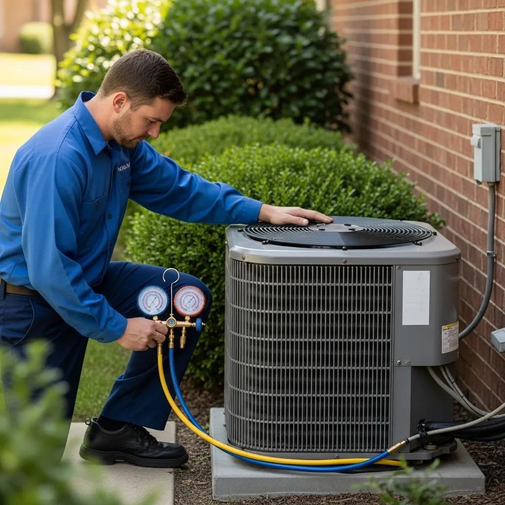 Technician checking refrigerant levels in an air conditioning unit