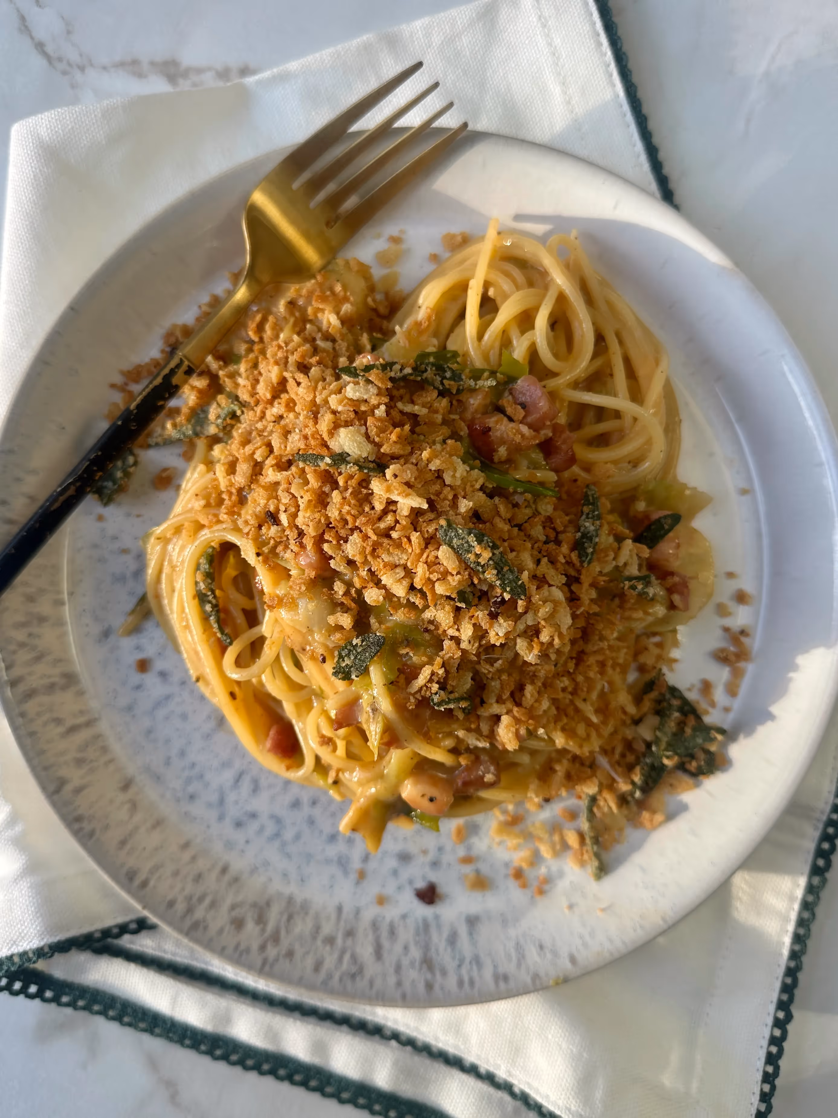 One Pot Pancetta & Sprout Carbonara with Sage Pangratto