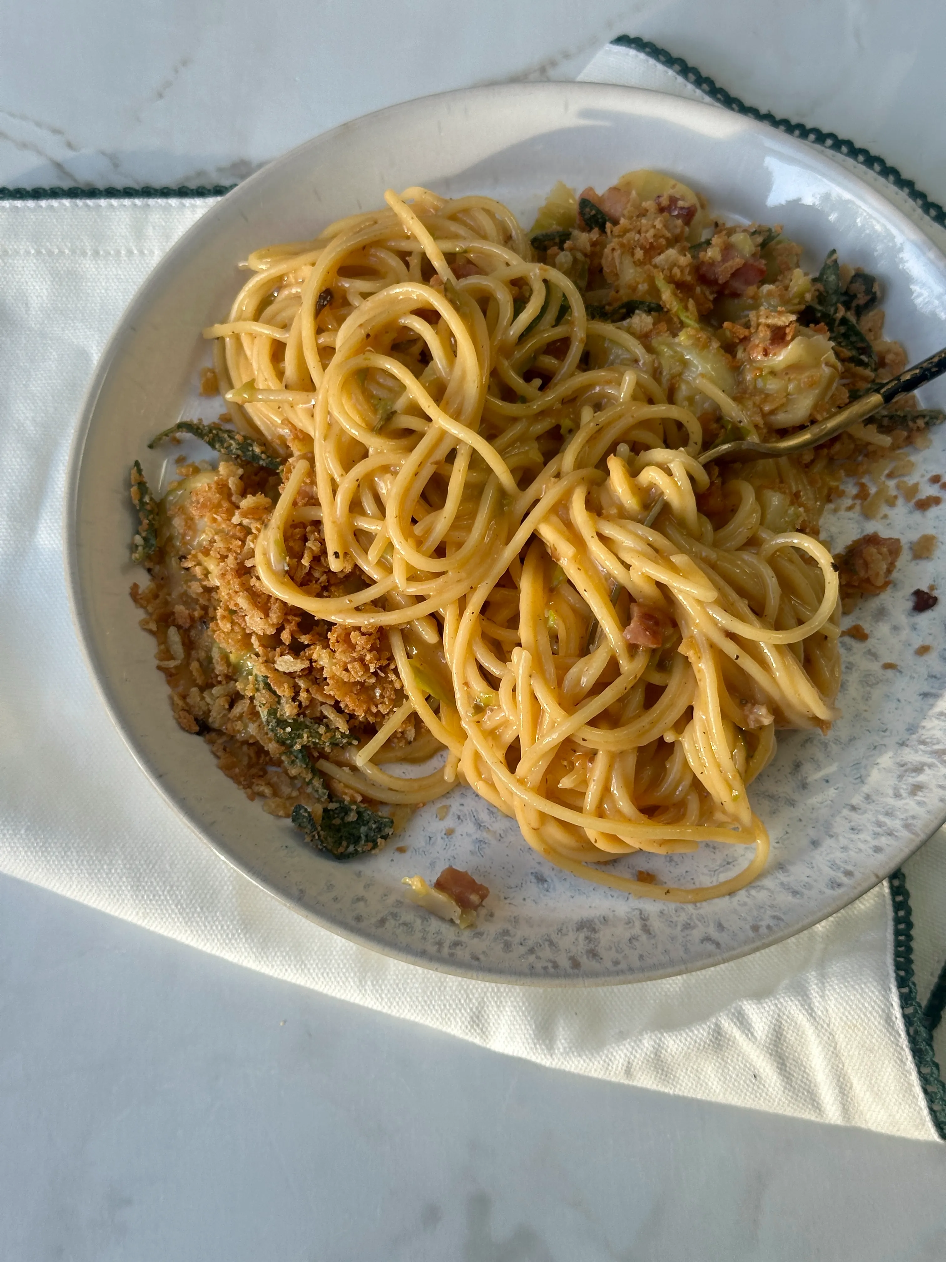 One Pot Pancetta & Sprout Carbonara with Sage Pangratto