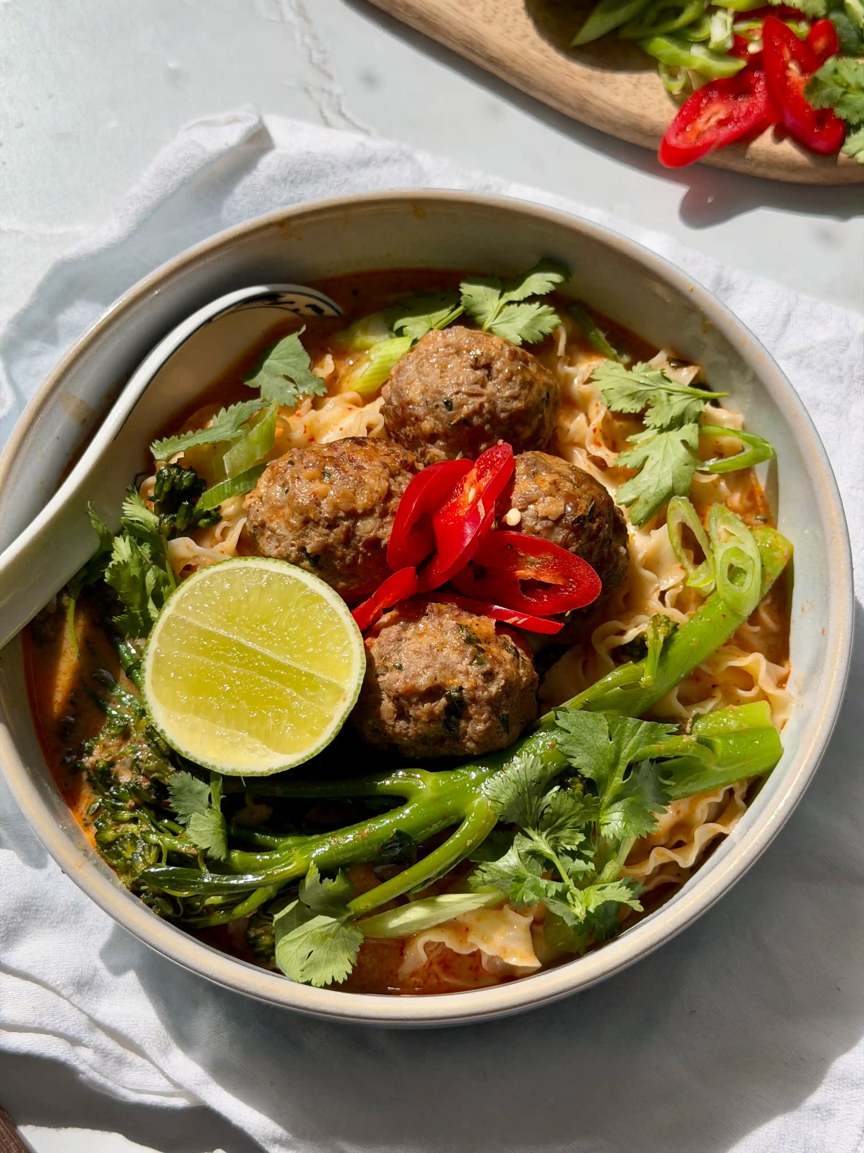 Thai Red Curry Meatball Noodle Soup | One Pot, One Portion
