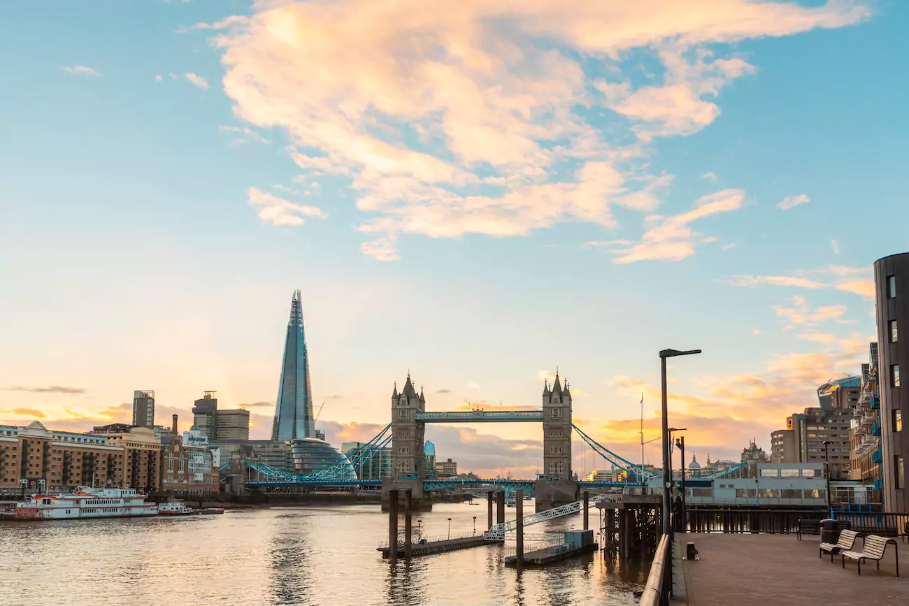 London skyline from Thames at sunset.