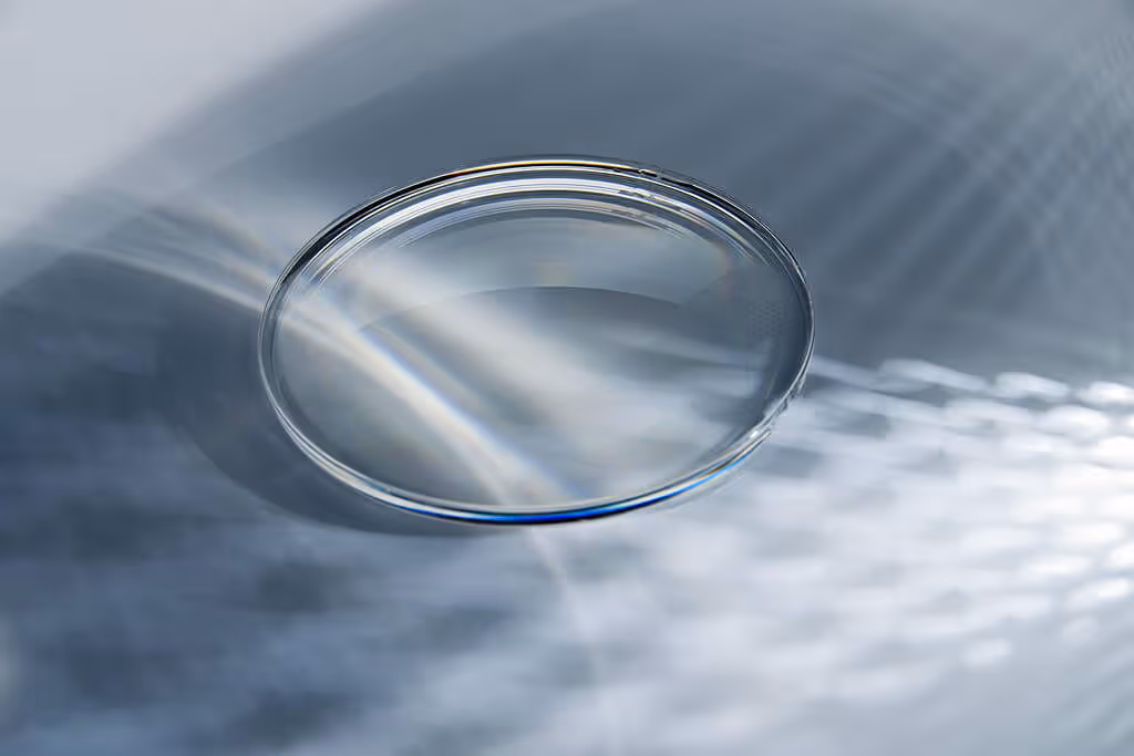 Empty transparent glass petri dish on blurred scientific background