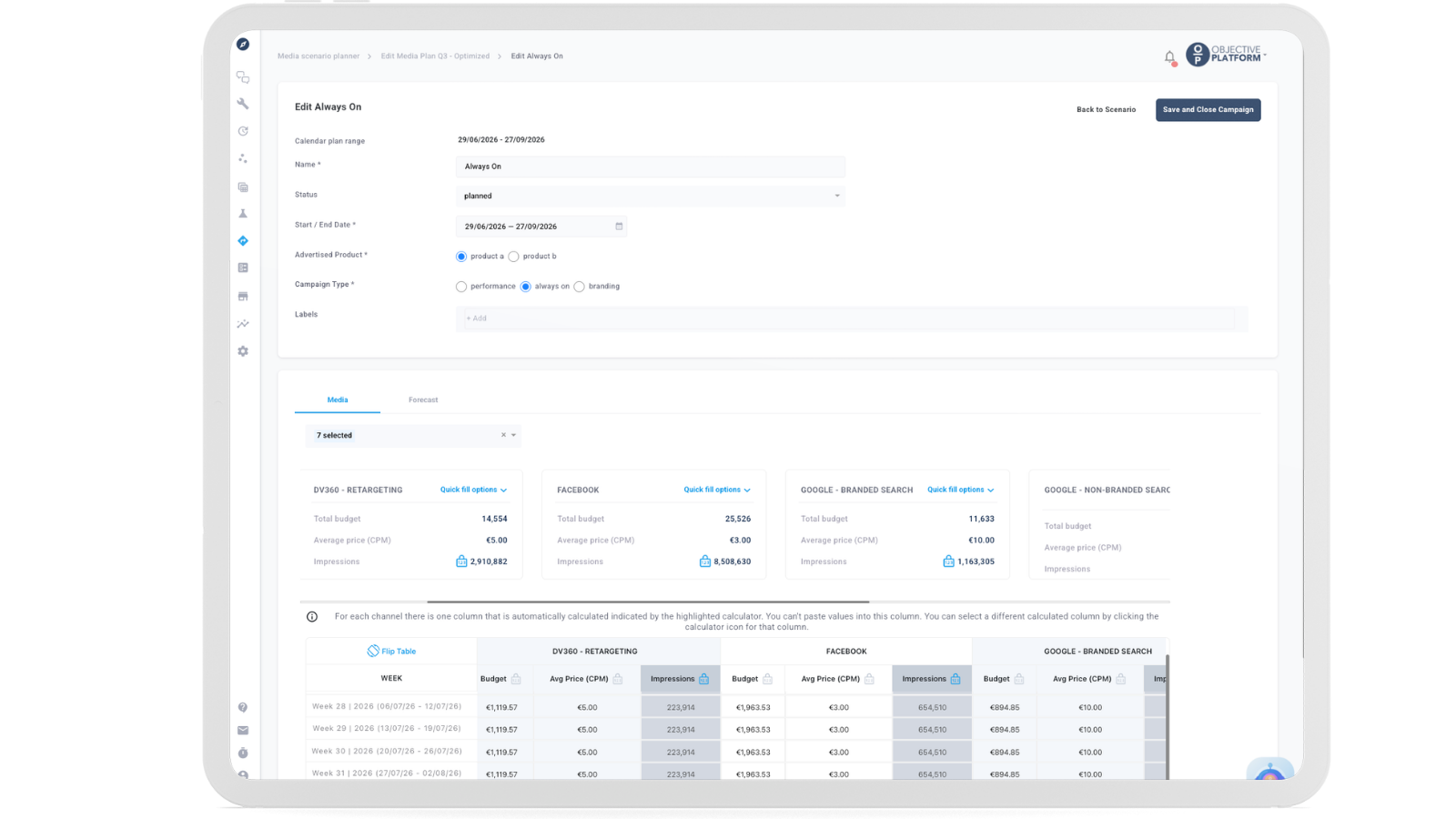 Objective Platform Media Scenario Planner showing campaign setup interface with time period, campaign type and channel mix configuration