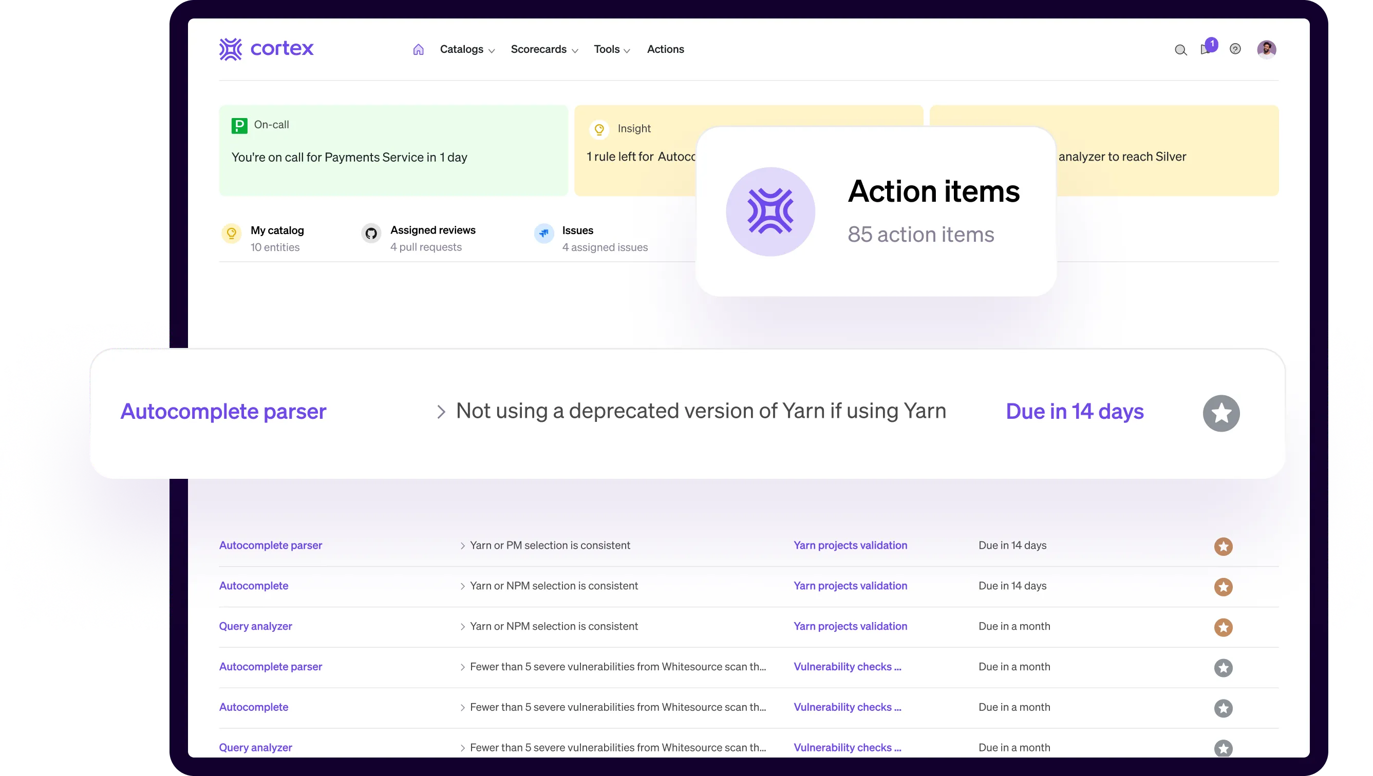 Cortex dashboard highlighting important actions for developer