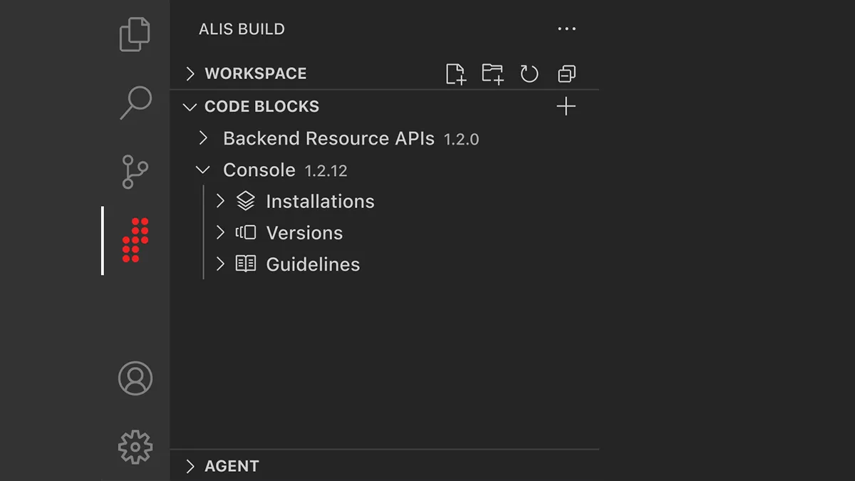 Screenshot of the AlisX platform’s Console dashboard, showing the navigation for Backend Resource APIs and Console version details.