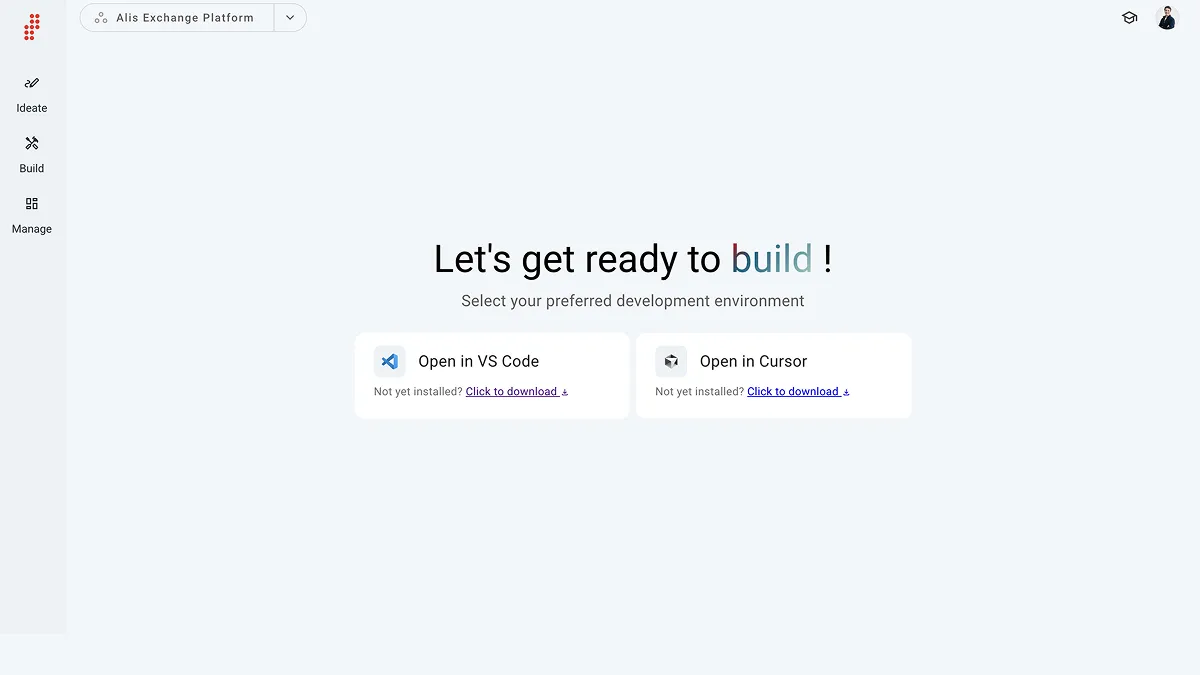 Screenshot of the AlisX platform’s "Let's get ready to build!" page with options to open in VS Code or Cursor development environments.
