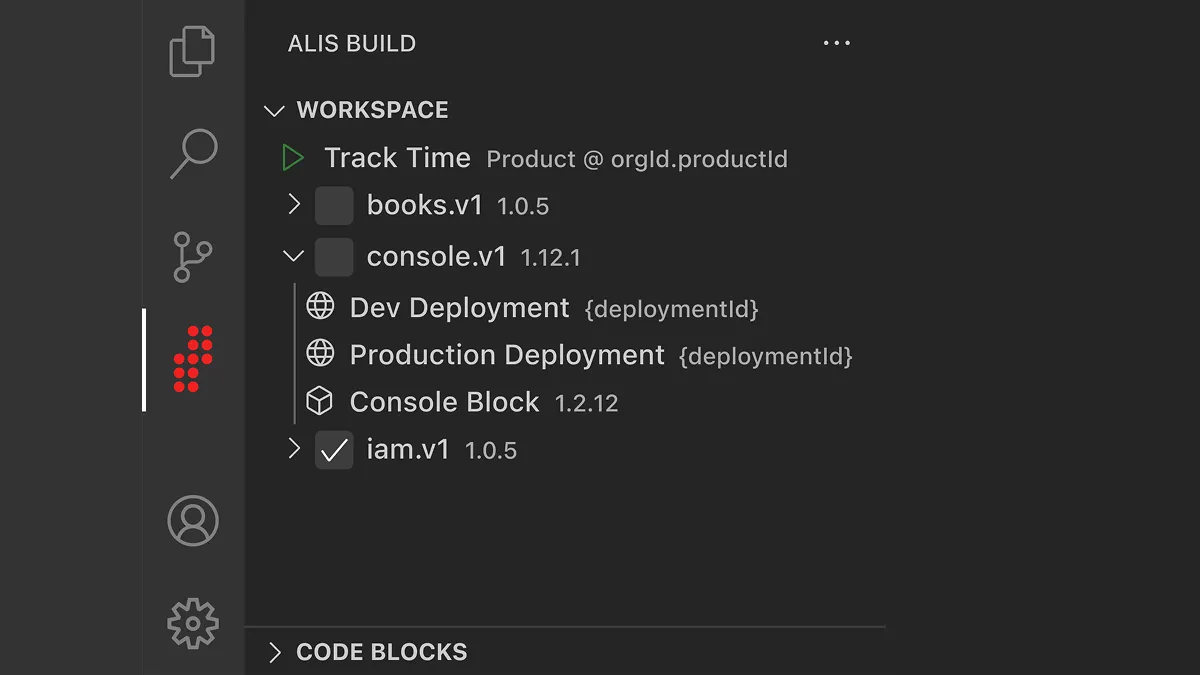 Screenshot of the AlisX platform's workspace showing the "Track Time" product and deployment details for different versions like books.v1 and console.v1.