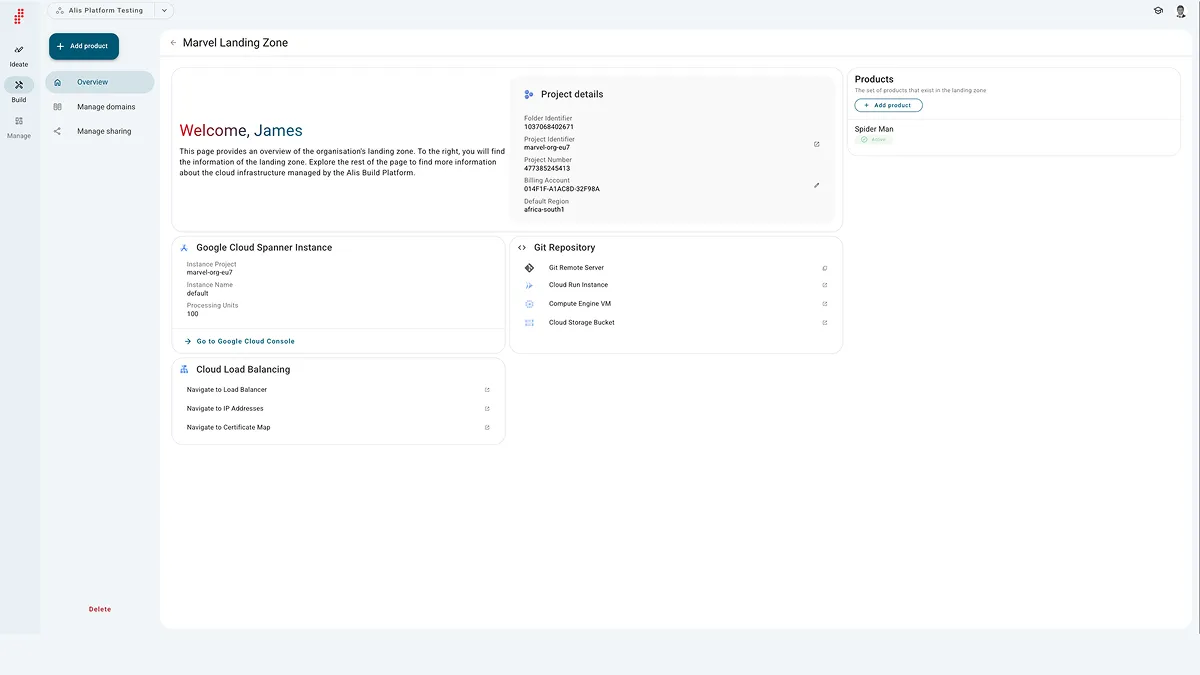 Screenshot of the AlisX platform’s Marvel Landing Zone dashboard, displaying project details, Google Cloud Spanner instance, and Git repository connections.