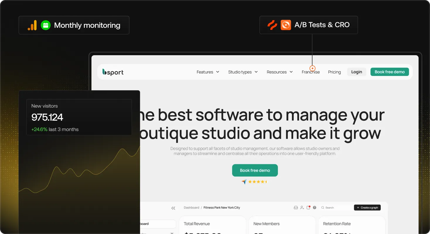 Homepage of the Bsport website featuring monthly visitor tracking with +24.6% growth as part of a Webflow optimization strategy.