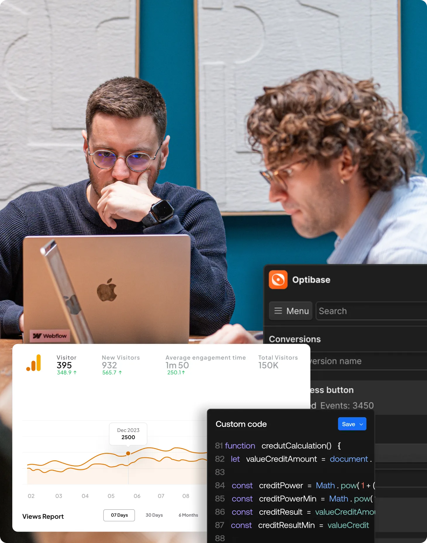 Deux membres de l’équipe Digidop analysant des données d’audience Webflow, des tests Optibase et du code personnalisé pour améliorer les performances d’un site.