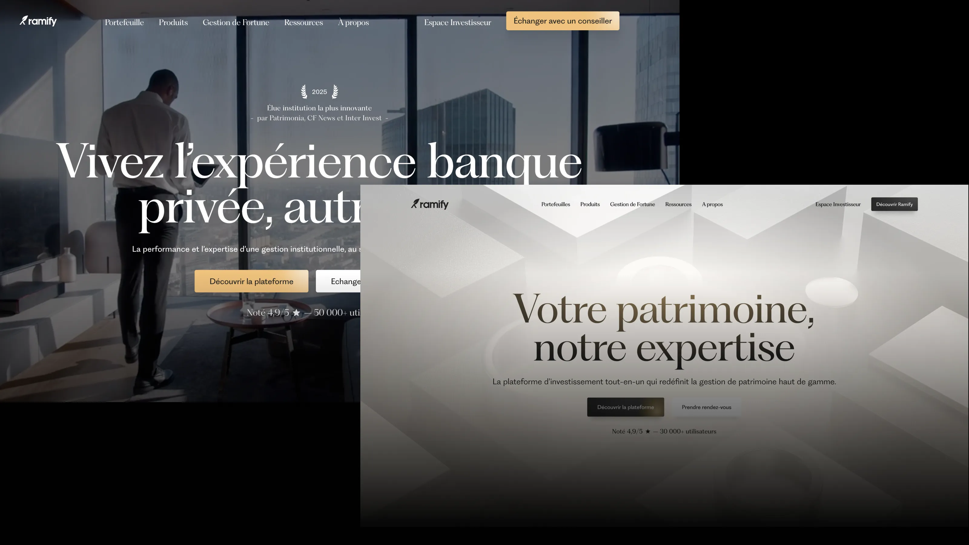 Capture d'écran montrant deux versions de la page d'accueil de Ramify. La version de fond représente un homme debout dans un bureau avec le texte « Vivez l'expérience banque privée, autrement ». La version au premier plan affiche une mise en page plus épurée avec le message « Votre patrimoine, notre expertise ».