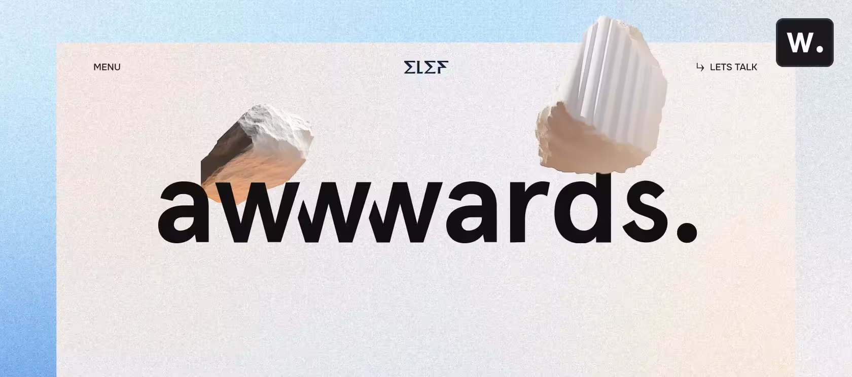 Visuel créatif du mot “awwwards” en typographie noire, encadré par deux formes 3D flottantes sur un fond texturé pastel.