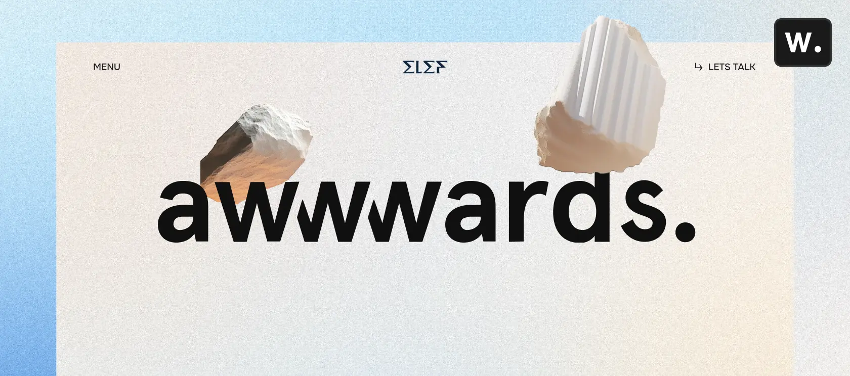 Visuel créatif du mot “awwwards” en typographie noire, encadré par deux formes 3D flottantes sur un fond texturé pastel.