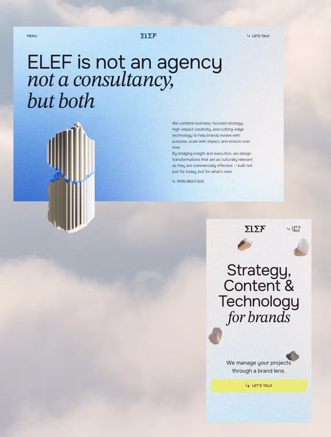 Screenshots from the ELEF website highlighting its hybrid positioning as both agency and consultancy, featuring a creative visual identity on a cloud background.