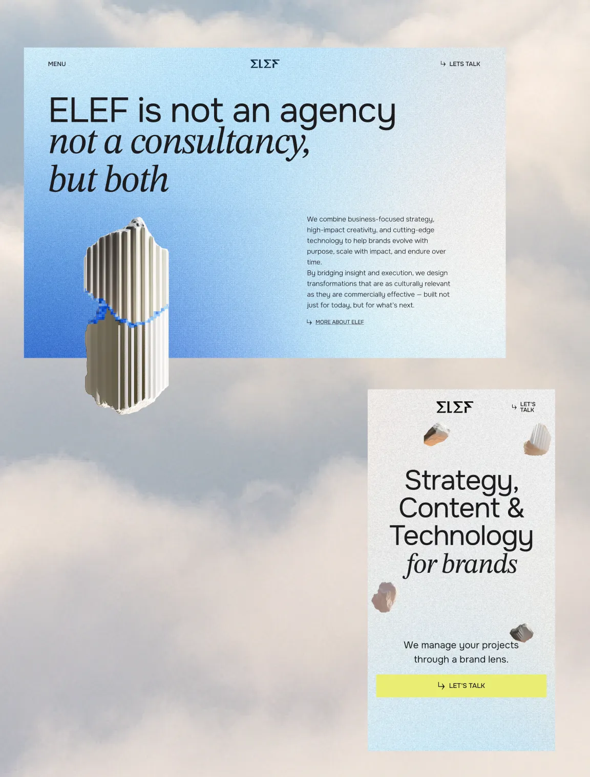 Screenshots from the ELEF website highlighting its hybrid positioning as both agency and consultancy, featuring a creative visual identity on a cloud background.