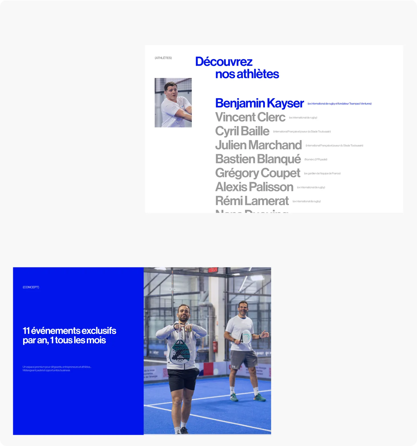 Visual presentation of the Sphère club featuring a list of partner athletes and an indoor padel event image with two players in action.