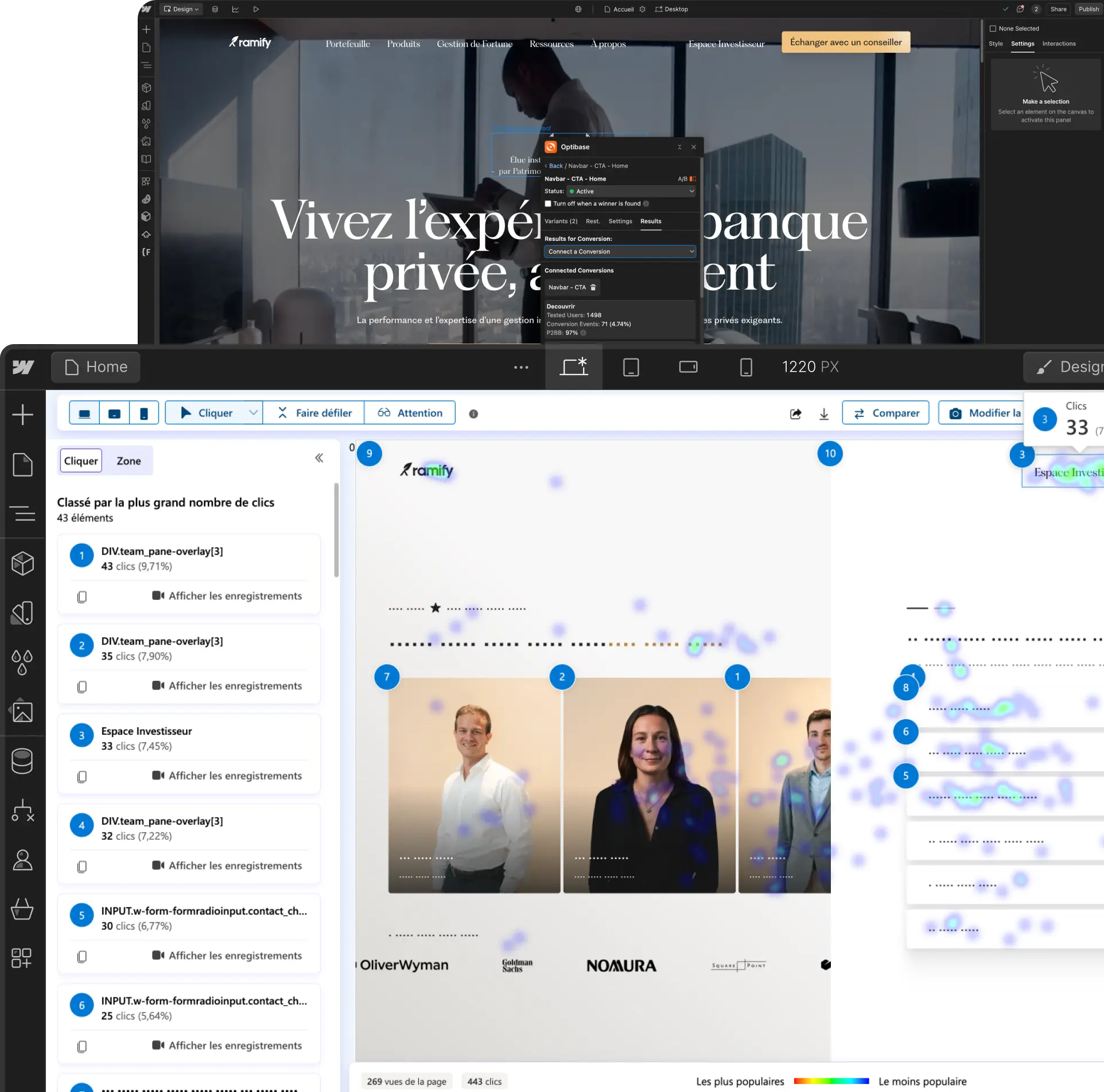 Webflow interface and Optibase dashboard showing tracking data and heatmaps to analyze clicks and optimize the Ramify website.
