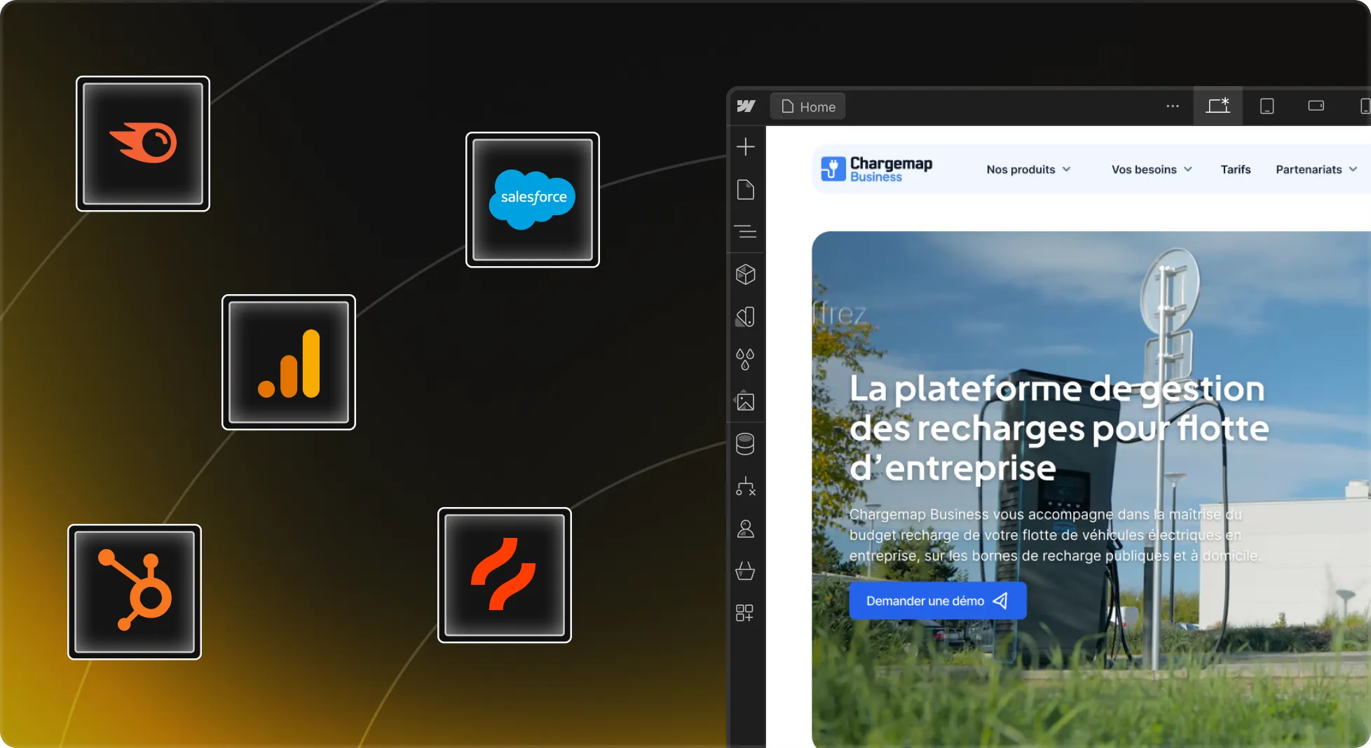 Interface Webflow du site Chargemap Business avec intégration d’outils de tracking et marketing comme Salesforce, HubSpot, Google Analytics et Hotjar.