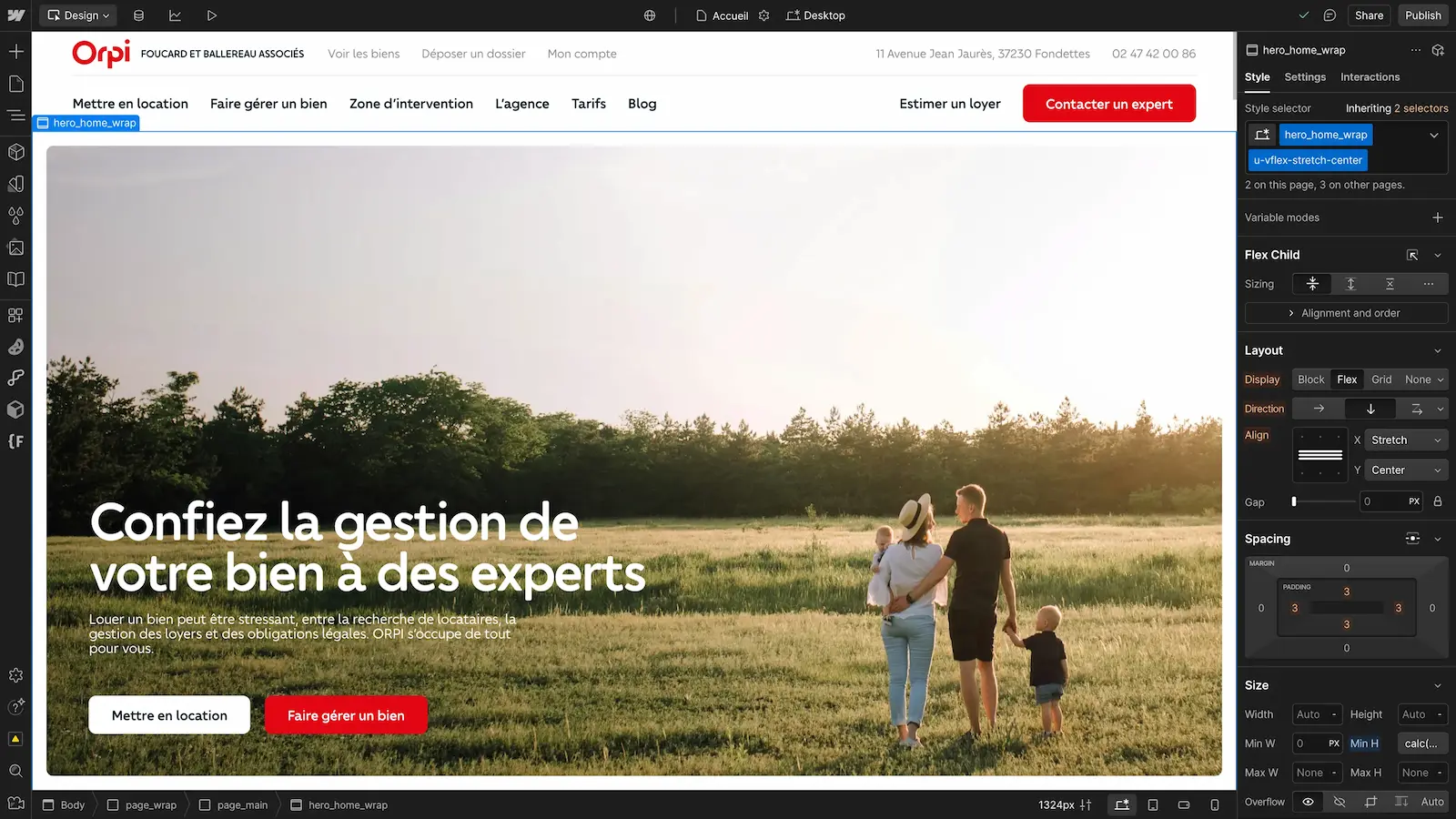 Webflow Designer showing Orpi Foucard et Ballereau Associés website, featuring a family with two children walking in a field background.