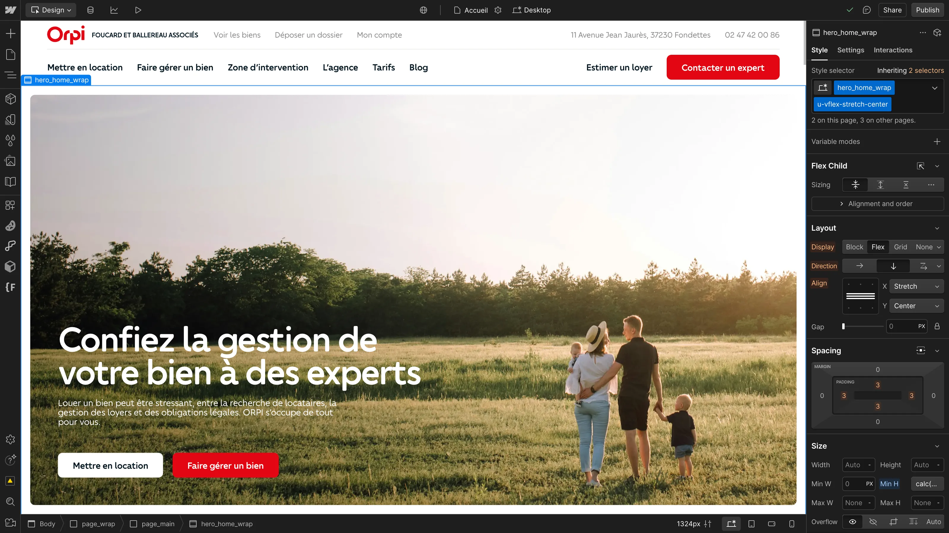 Webflow Designer showing Orpi Foucard et Ballereau Associés website, featuring a family with two children walking in a field background.
