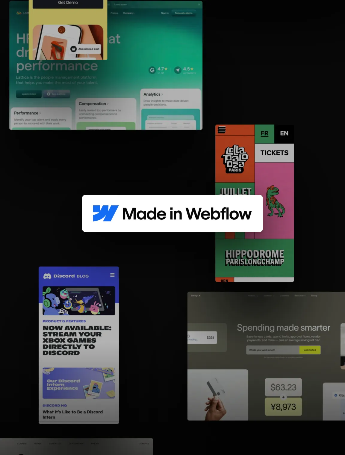 Showcase of websites built in Webflow, including Discord, Lollapalooza, and other projects, with the “Made in Webflow” logo in the center.