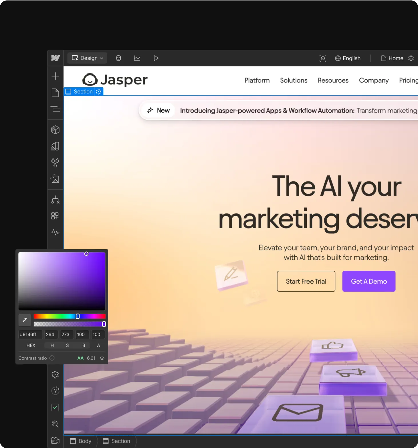 Webflow Designer showing Jasper’s AI marketing homepage with design tools on the left and color settings panel.