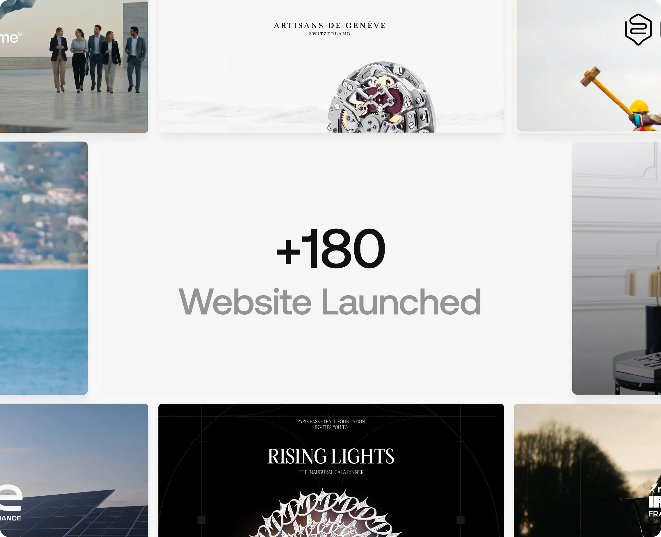 Visual composition highlighting more than 180 websites launched by Digidop since 2021, featuring a selection of projects built for startups, scale-ups, and international companies.
