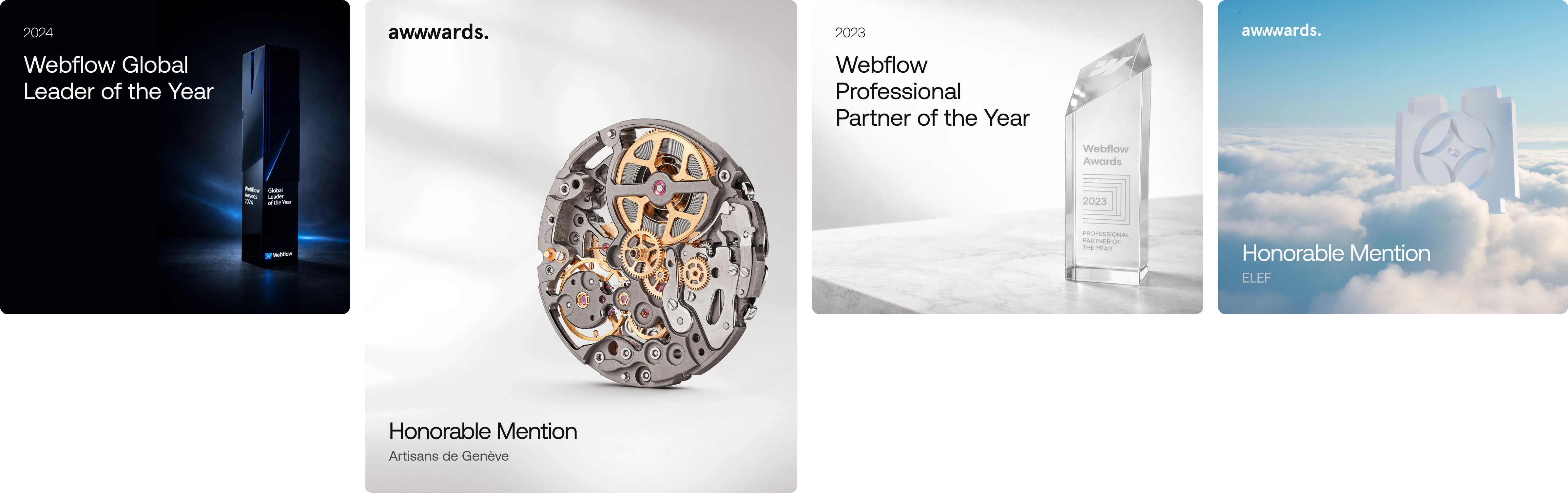 Collage showcasing multiple international awards and recognitions received by Digidop, including Webflow Global Leader of the Year, Webflow Professional Partner of the Year, and several Awwwards Honorable Mentions.