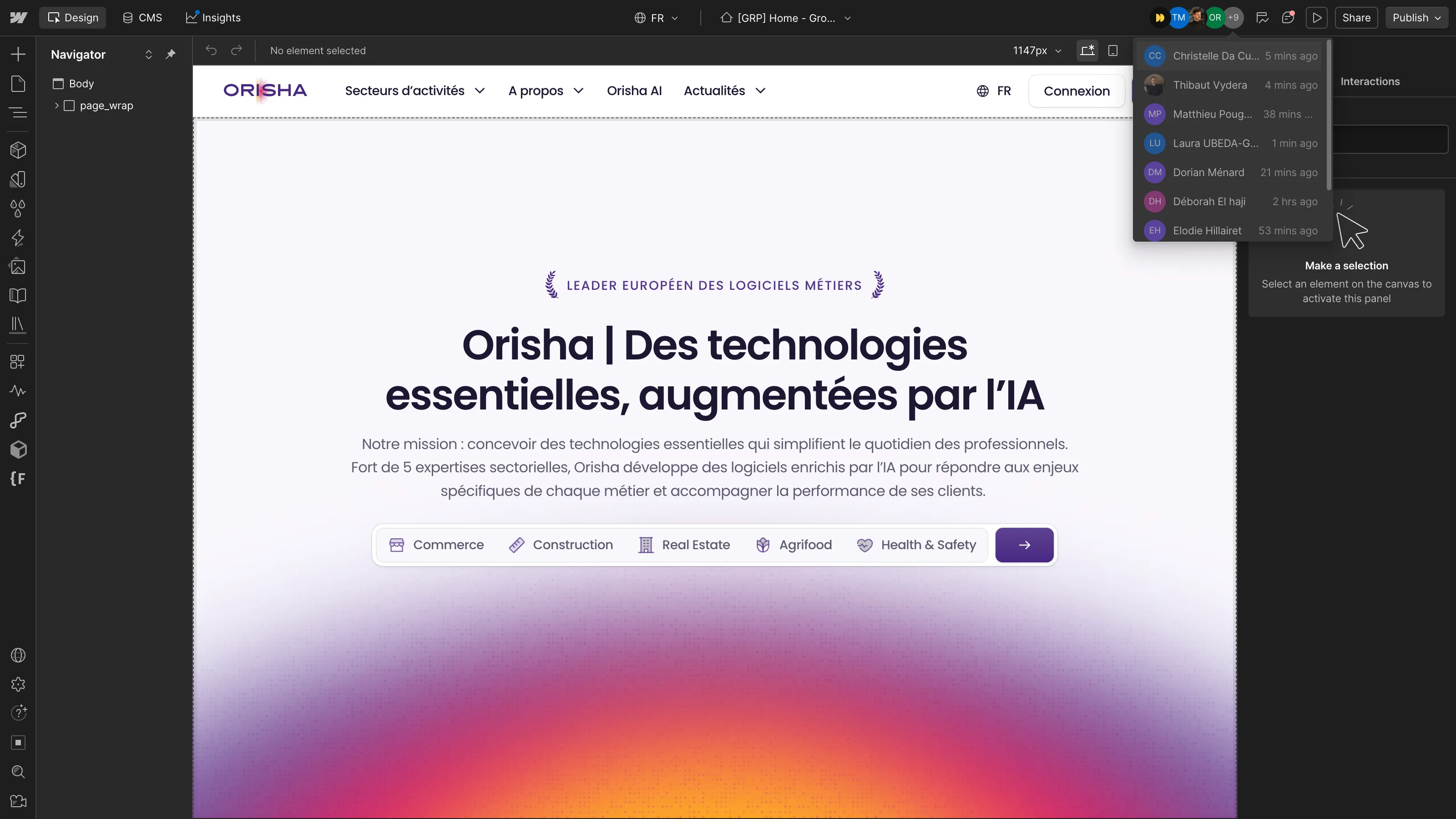 Webflow Enterprise Designer interface showcasing collaborative editing, multilingual website management and enterprise publishing workflows.