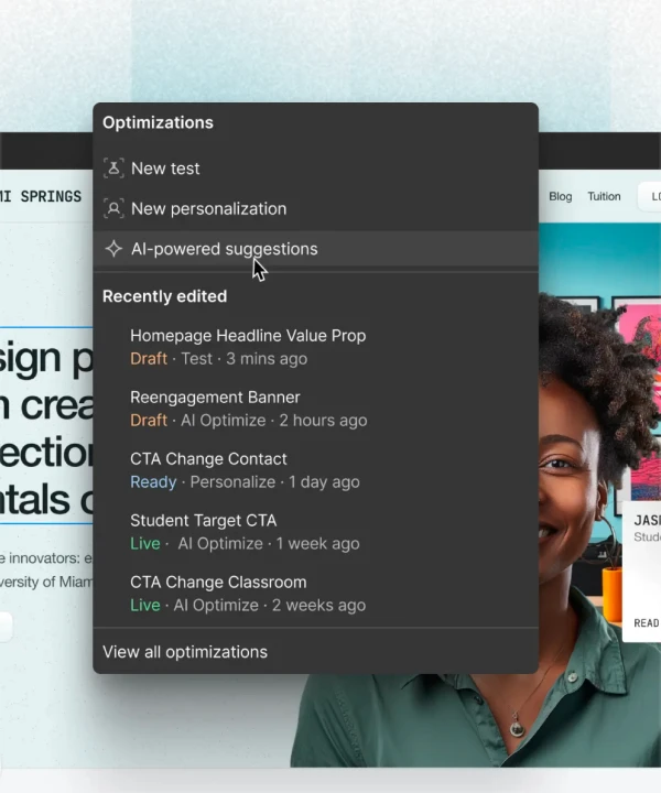 Webflow Optimize interface showing AI-powered optimization suggestions and website personalization workflows.