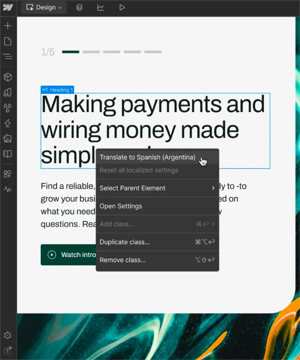 Webflow Localize interface translating website content into multiple languages directly from the visual editor.