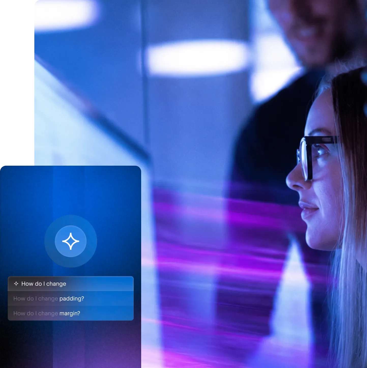 Illustration générée par IA montrant une équipe travaillant devant un grand écran dans un environnement technologique sombre, avec des effets de lumière bleus et violets. Une interface conversationnelle inspirée d’un assistant IA apparaît au premier plan, évoquant une recherche ou une assistance en temps réel lors du développement d’un site web.