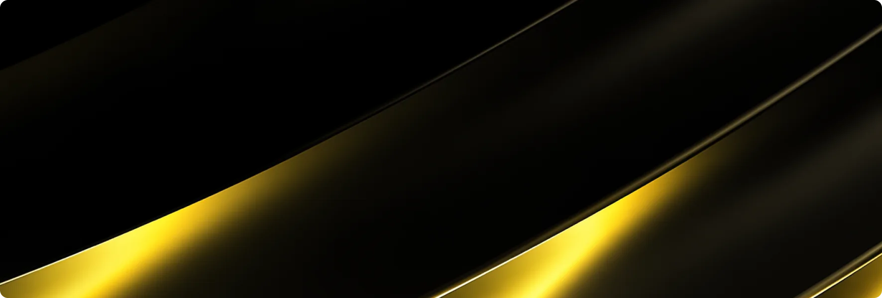 Abstract black background with wide metallic ribbons accented by golden reflections, creating an elegant, modern, and premium aesthetic inspired by the technology industry.