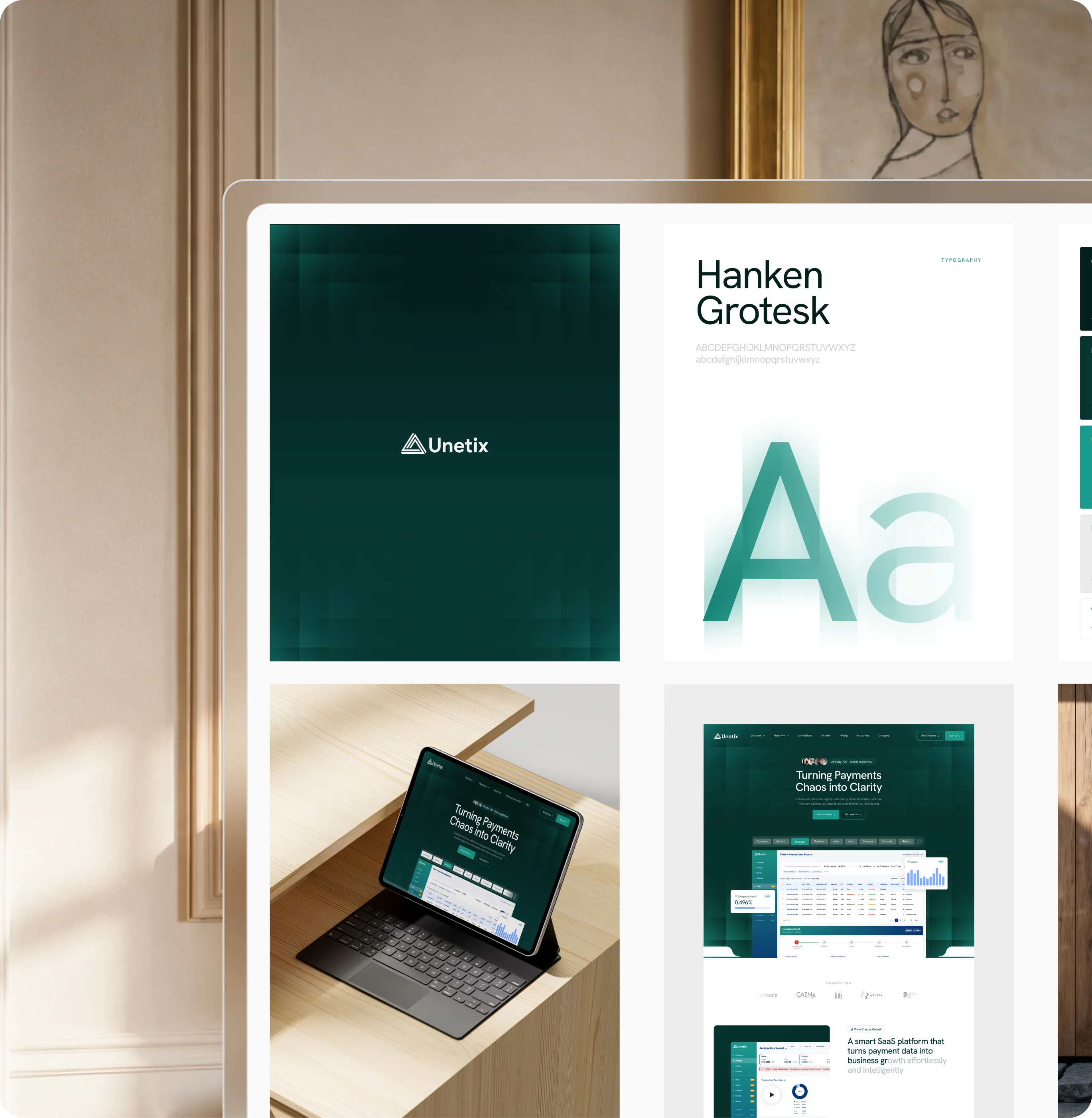 Moodboard présentant l'inspiration de sites Web financiers haut de gamme, y compris des interfaces modernes de gestion de patrimoine, des tableaux de bord d'investissement et des pages d'équipe d'entreprise utilisées pour définir l'orientation stratégique et le positionnement d'une marque financière.