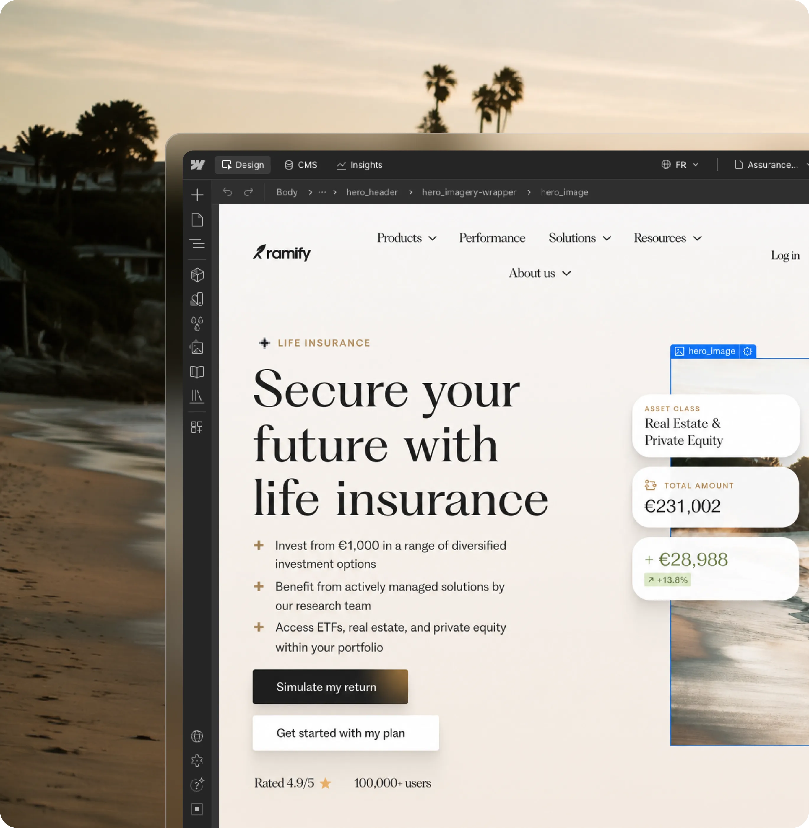 Life insurance webpage showing benefits, investment options, portfolio access, and call-to-action buttons.