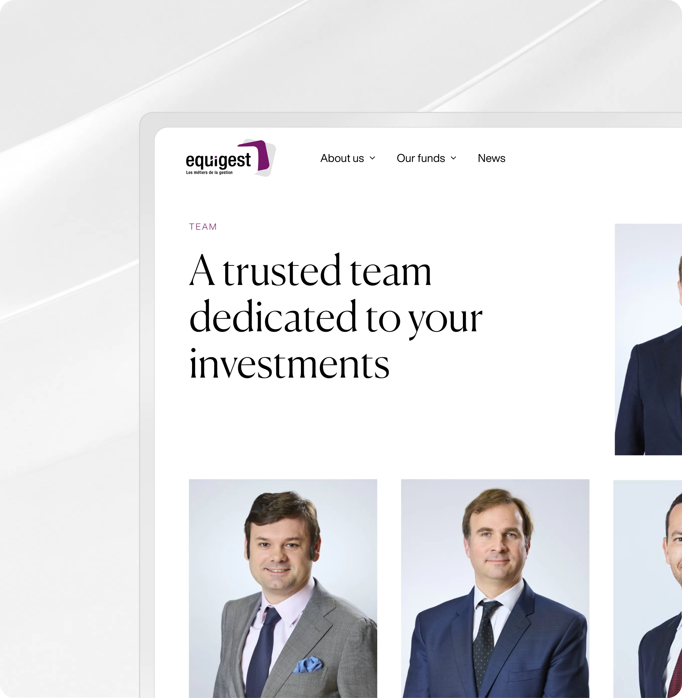 Website section titled 'A trusted team dedicated to your investments' with professional headshots of men in suits.