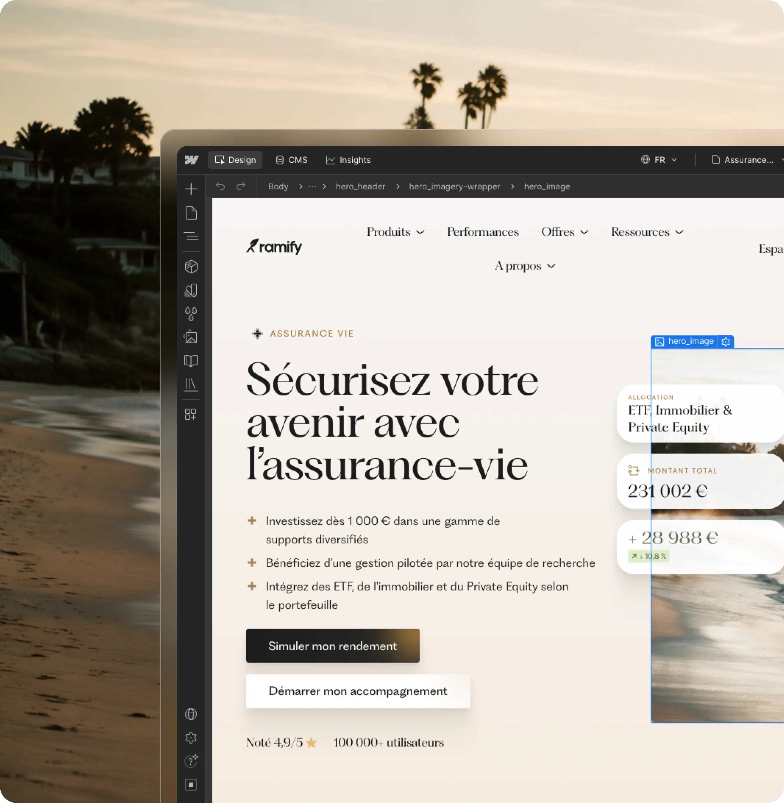 Écran d'ordinateur portable montrant un site d'assurance français proposant des options d'assurance-vie et d'investissement.
