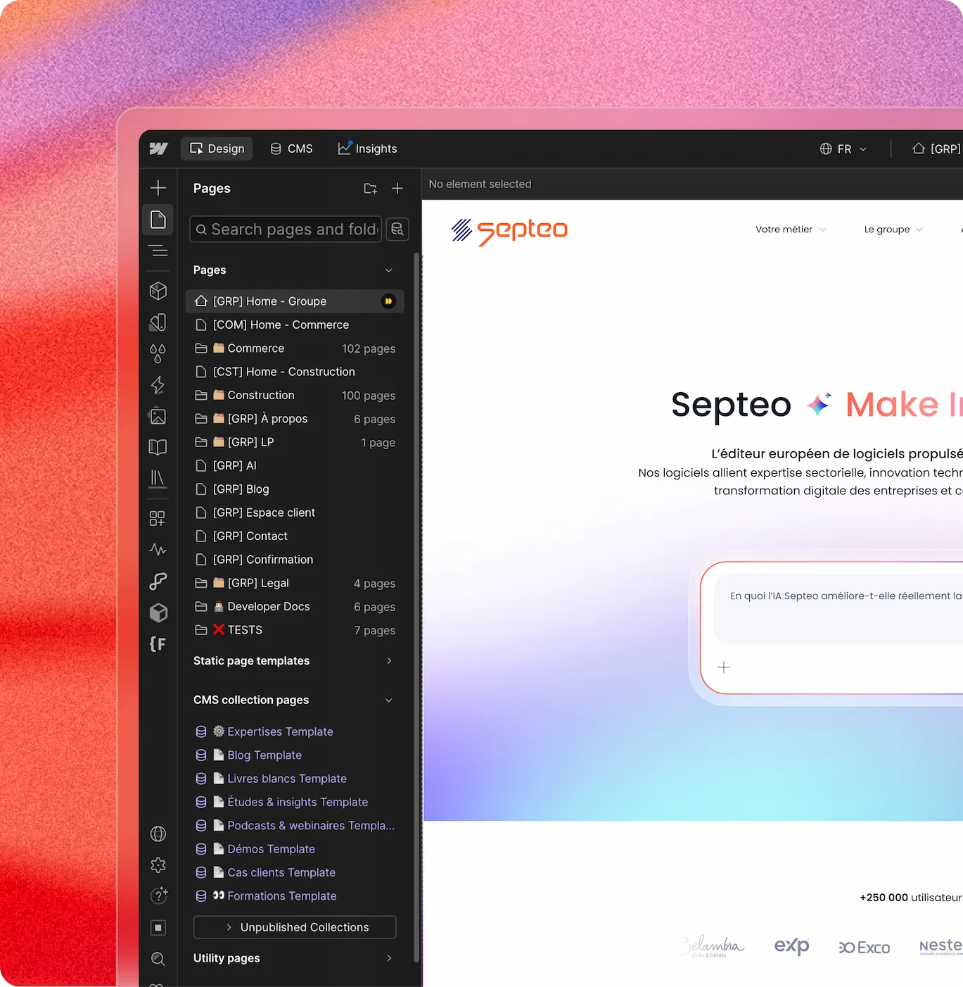 Interface de conception Web affichant les pages et les modèles de CMS pour le site Web de Septeo dans une barre latérale sombre.