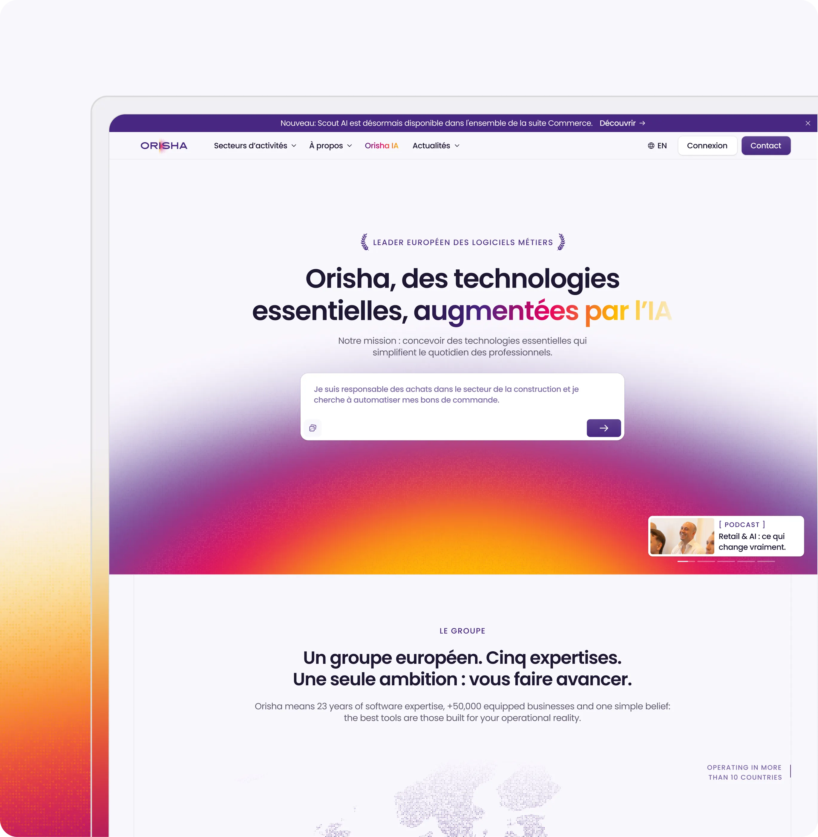 Page d'accueil du site Web d'Orisha présentant les technologies essentielles alimentées par l'IA et les détails des groupes de logiciels européens.