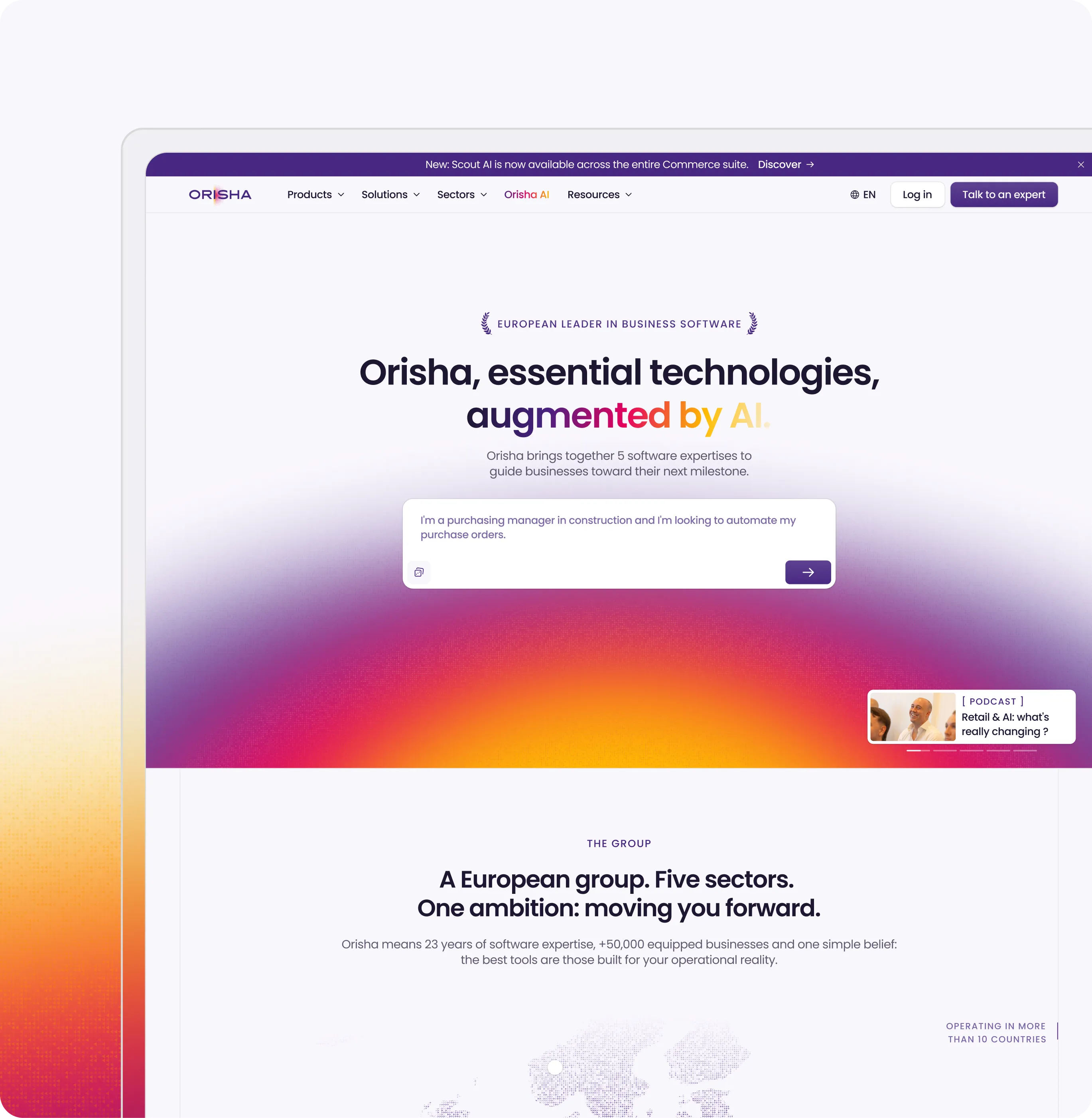 Orisha website homepage with header about AI-augmented technologies and five sectors for business software.