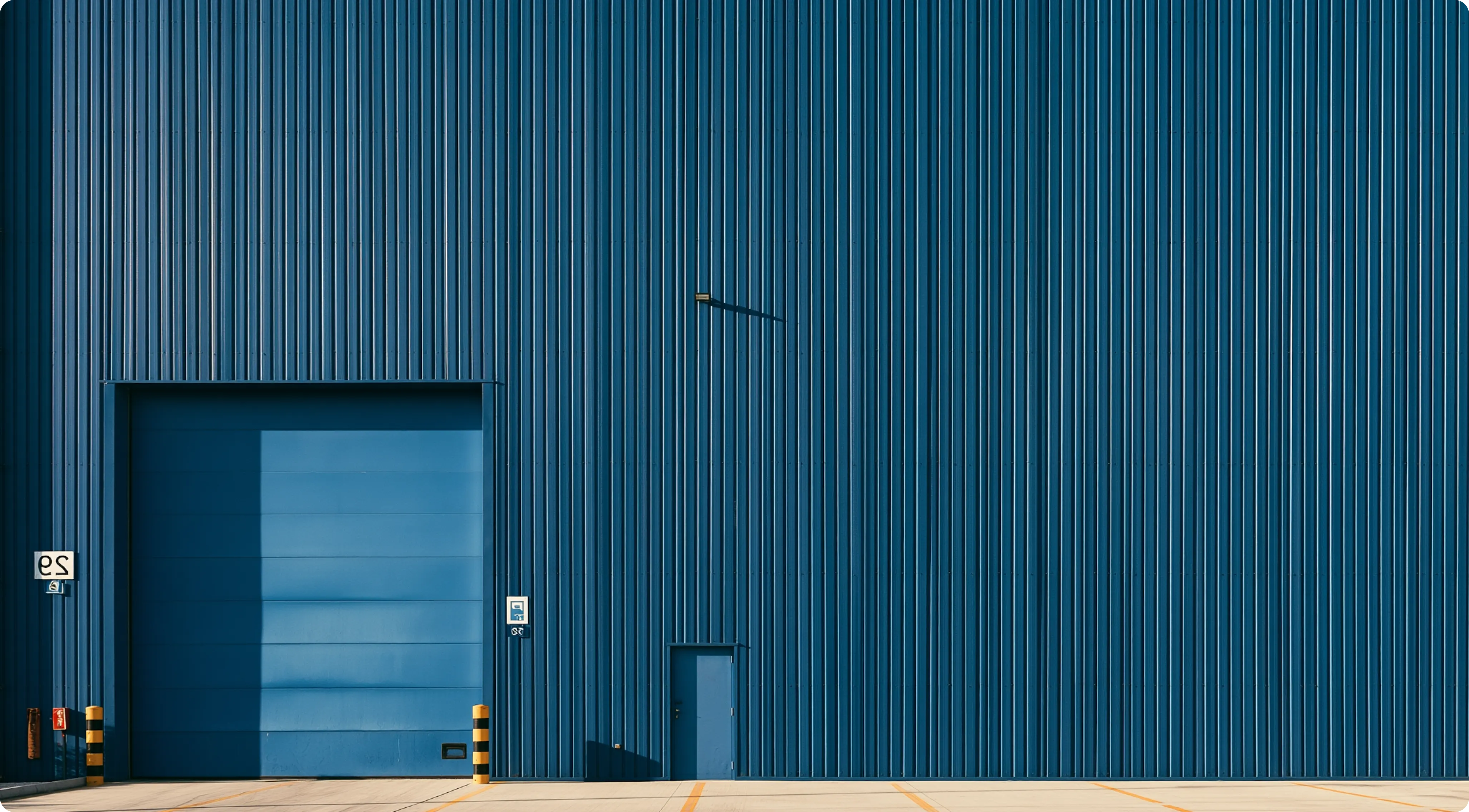 Grand mur d'entrepôt en tôle ondulée bleue avec une grande porte et une porte plus petite à côté.