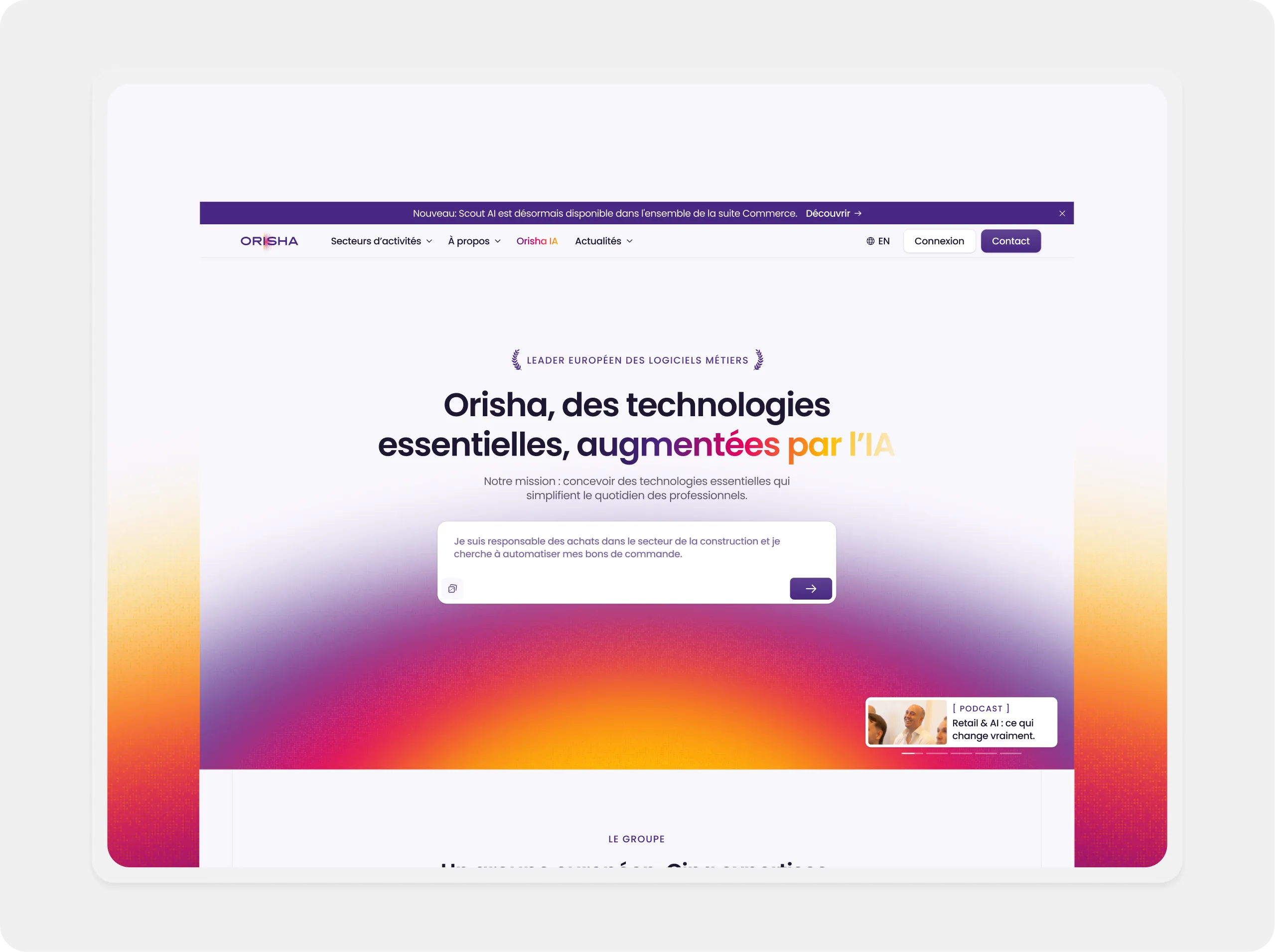 Orisha website homepage showing AI-augmented essential technologies and user input for automation.