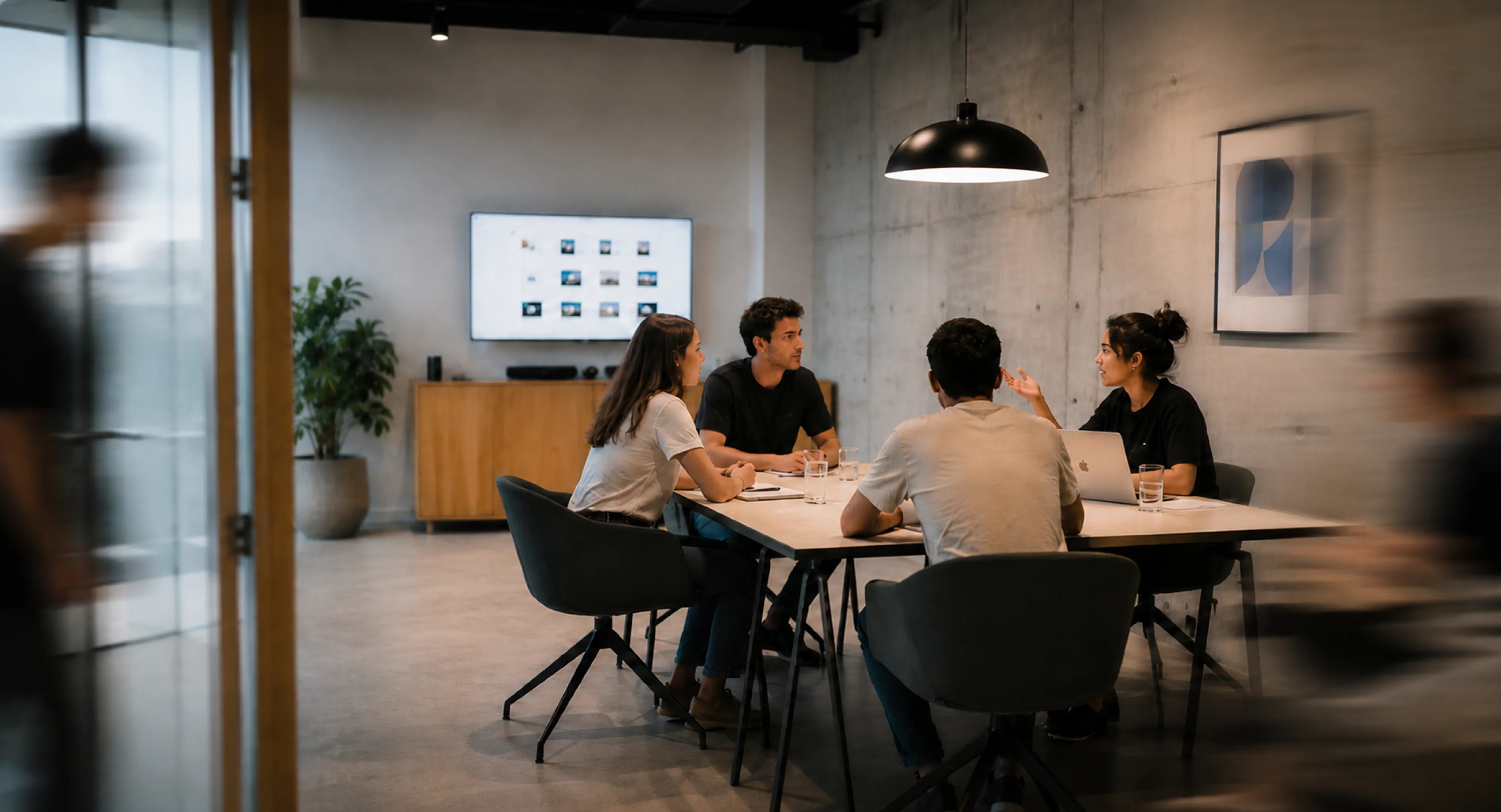 Quatre personnes autour d'une table dans un bureau moderne avec ordinateur portable et écran de télévision.