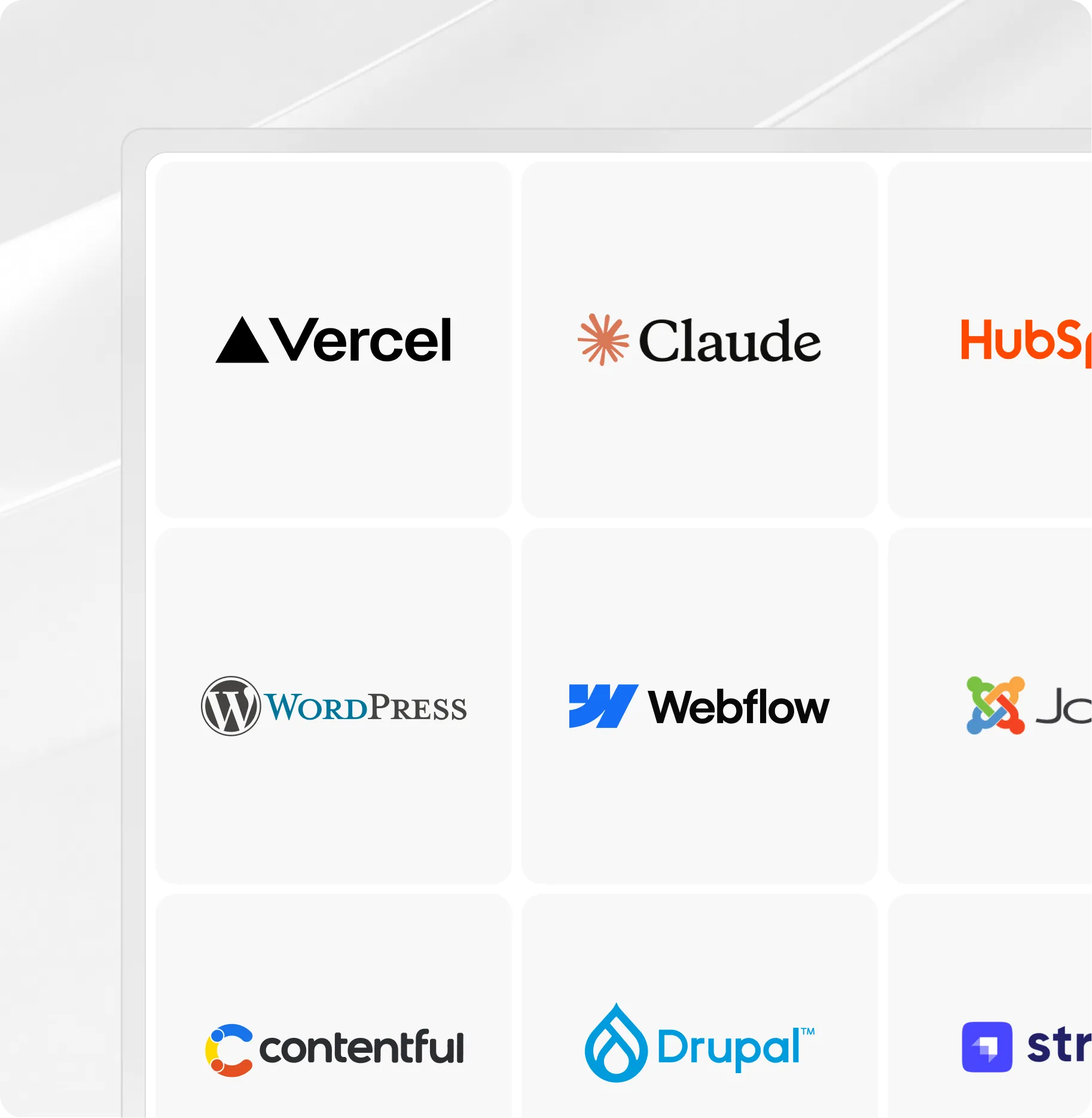 Grille de logos CMS et technologiques, notamment Vercel, Claude, WordPress, Webflow, Joomla, Contentful et Drupal.