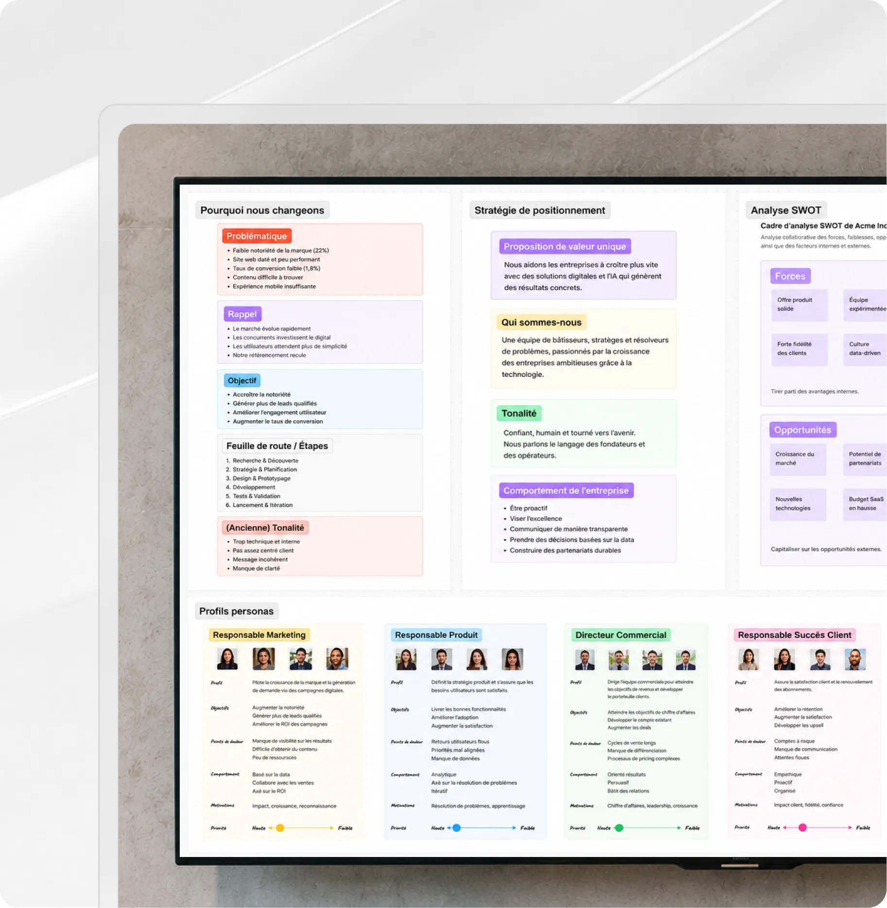 Stratégie commerciale et analyse SWOT avec des personnages sur un écran de surveillance, montrant les rôles du marketing, des produits, des ventes et des clients.